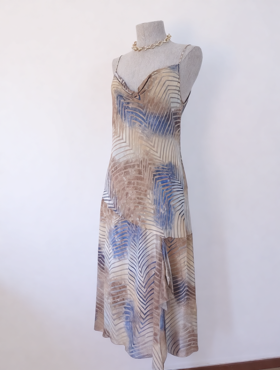 Vintage 2000s Y2K Midi Dress — Draped Neck, Asymmetric Stripe &amp; Fluid Chiffon