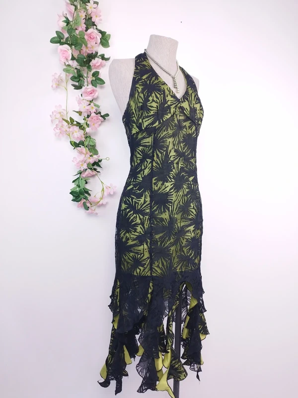 Olive green Y2K halter dress — Vintage 2000s sheer tulle cocktail