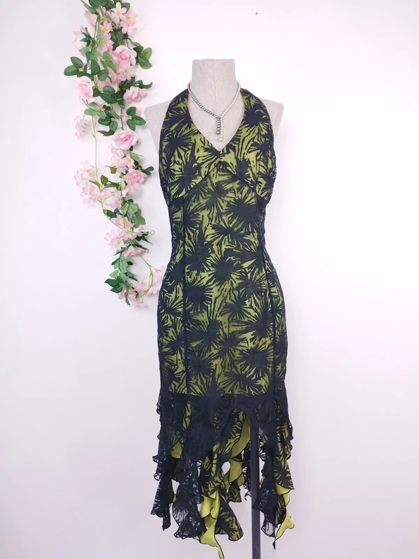 Olive green Y2K halter dress — Vintage 2000s sheer tulle cocktail