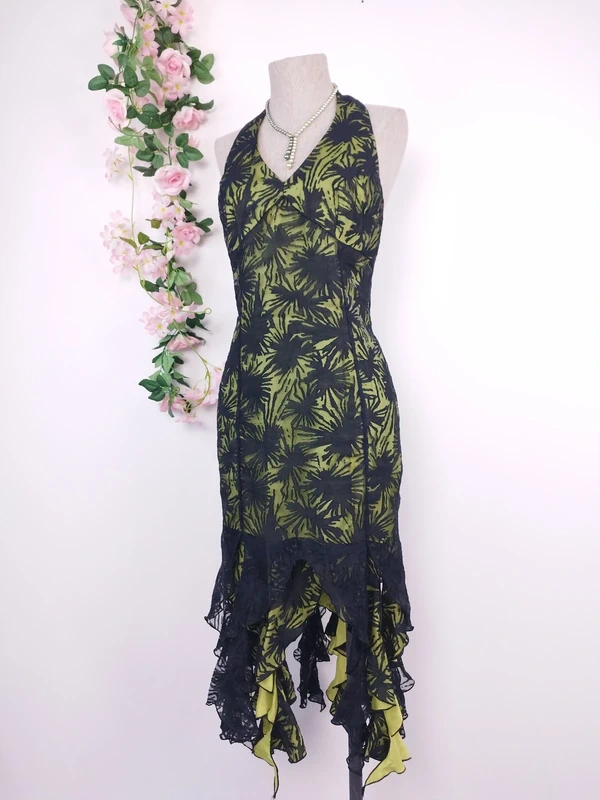 Olive green Y2K halter dress — Vintage 2000s sheer tulle cocktail