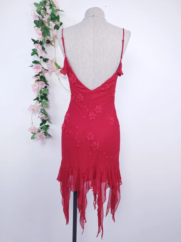 Red floral Y2K evening dress — Vintage 2000s slip asymmetrical party
