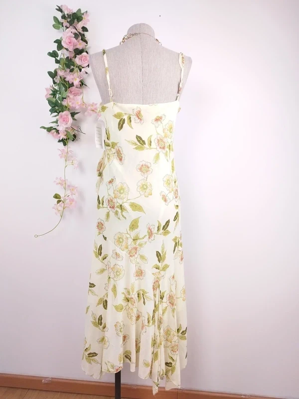 Cream floral asymmetrical Y2K dress — Vintage 2000s slip Ibiza summer