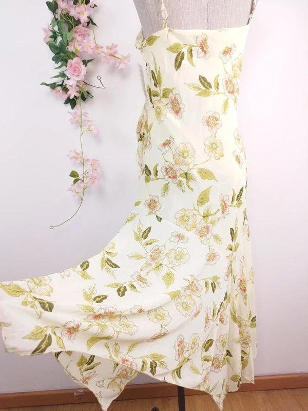 Cream floral asymmetrical Y2K dress — Vintage 2000s slip Ibiza summer