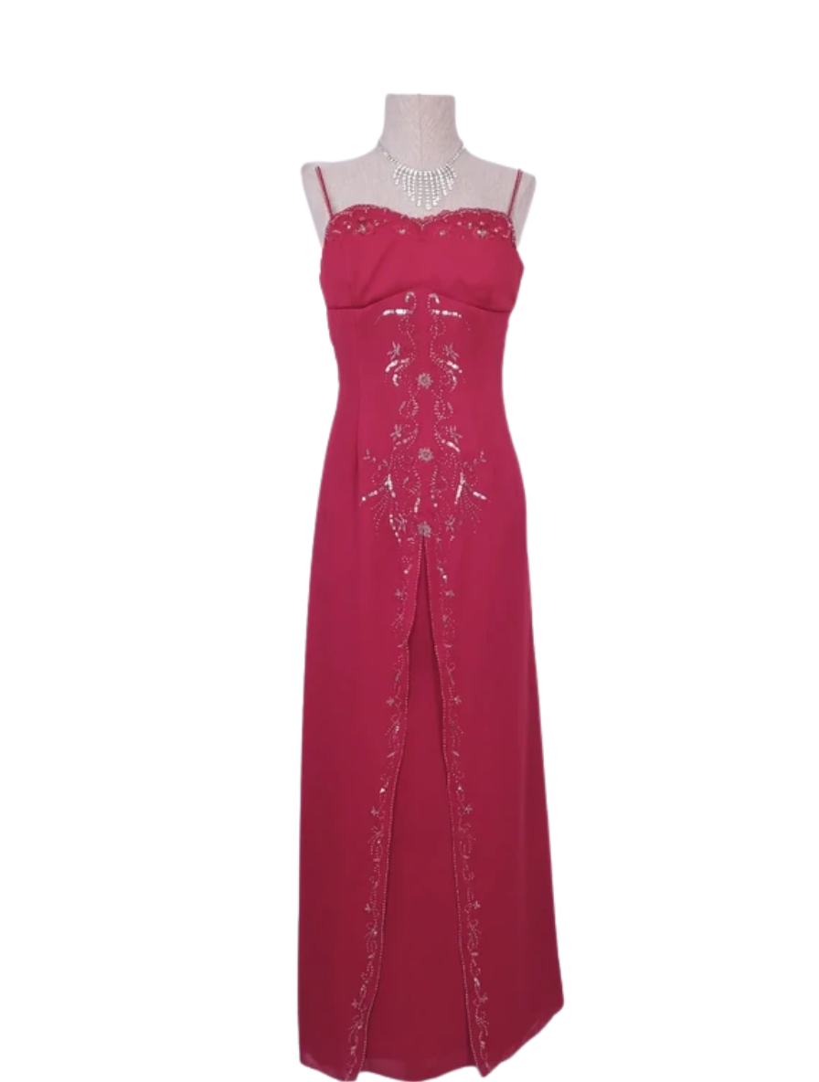 Red beaded Y2K maxi dress — Vintage 2000s bustier gala graduation