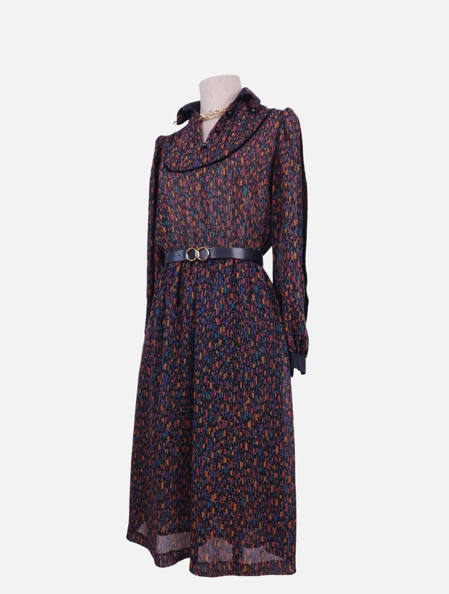 Vintage 80s Shirt Dress — Long Sleeves, Elastic Waist, Fluid Print & Excellent Condition