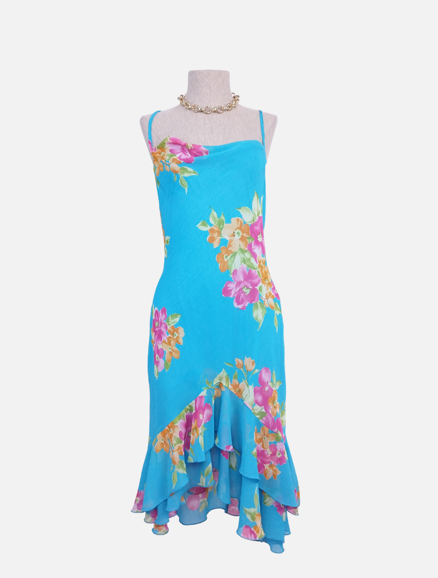 Vintage 90s Summer Dress — Slip Style, Floral Chiffon & Asymmetric Ruffles