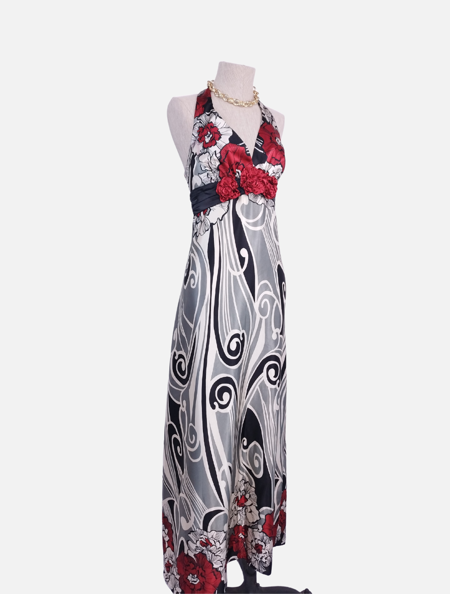 Vintage 2000s Y2K Maxi Dress — V-Neck, Rose Detail & Satin Print