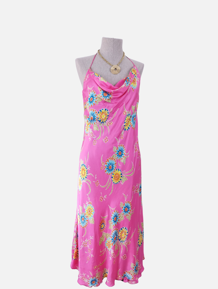 Vintage 90s Maxi Dress — Halter Neck, Fuchsia Satin & Bold Floral Print