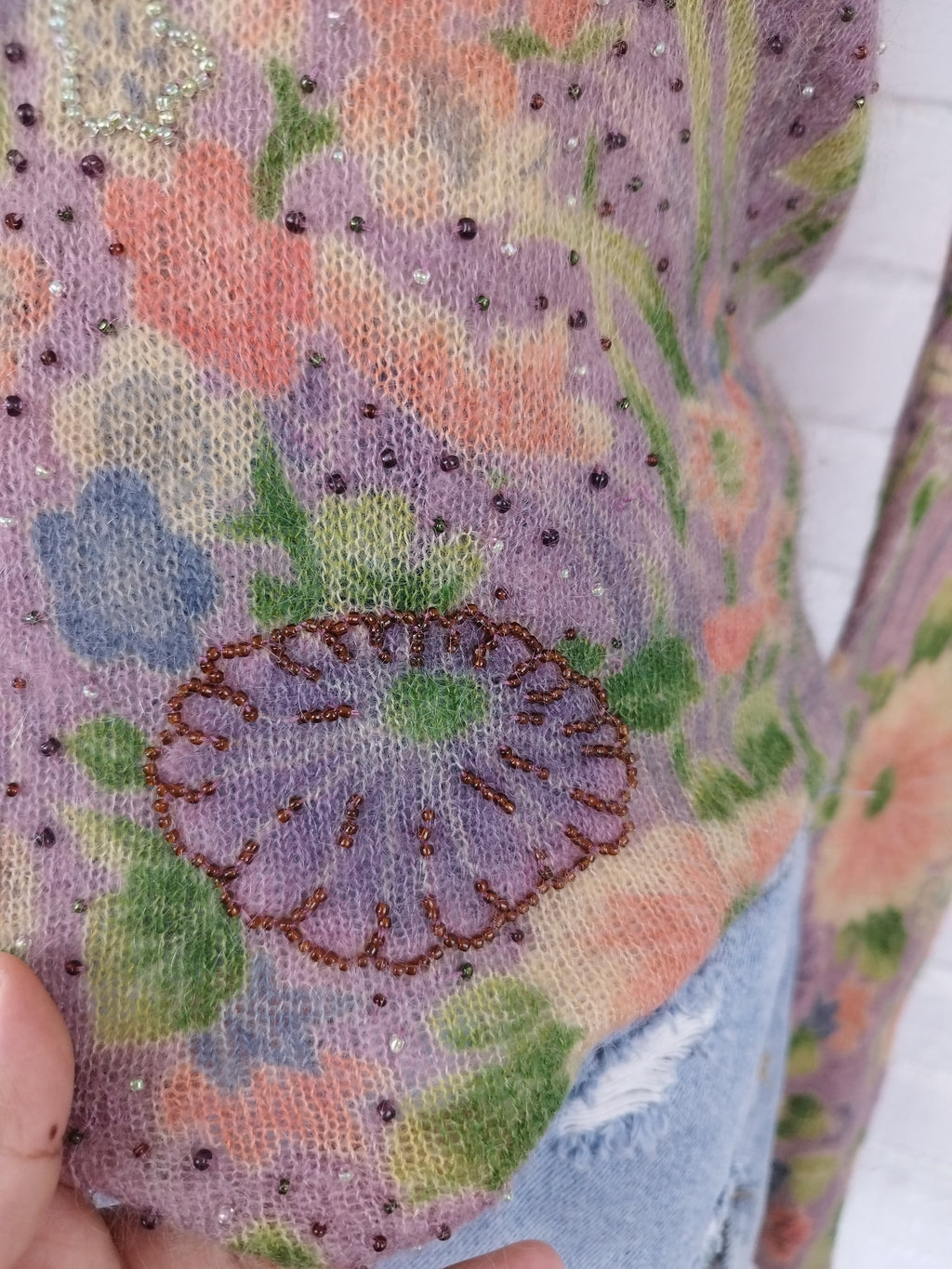 Vintage 90s Floral Mohair Sweater — Virgin Wool, V-Neck, Fitted Silhouette & Excellent Condition