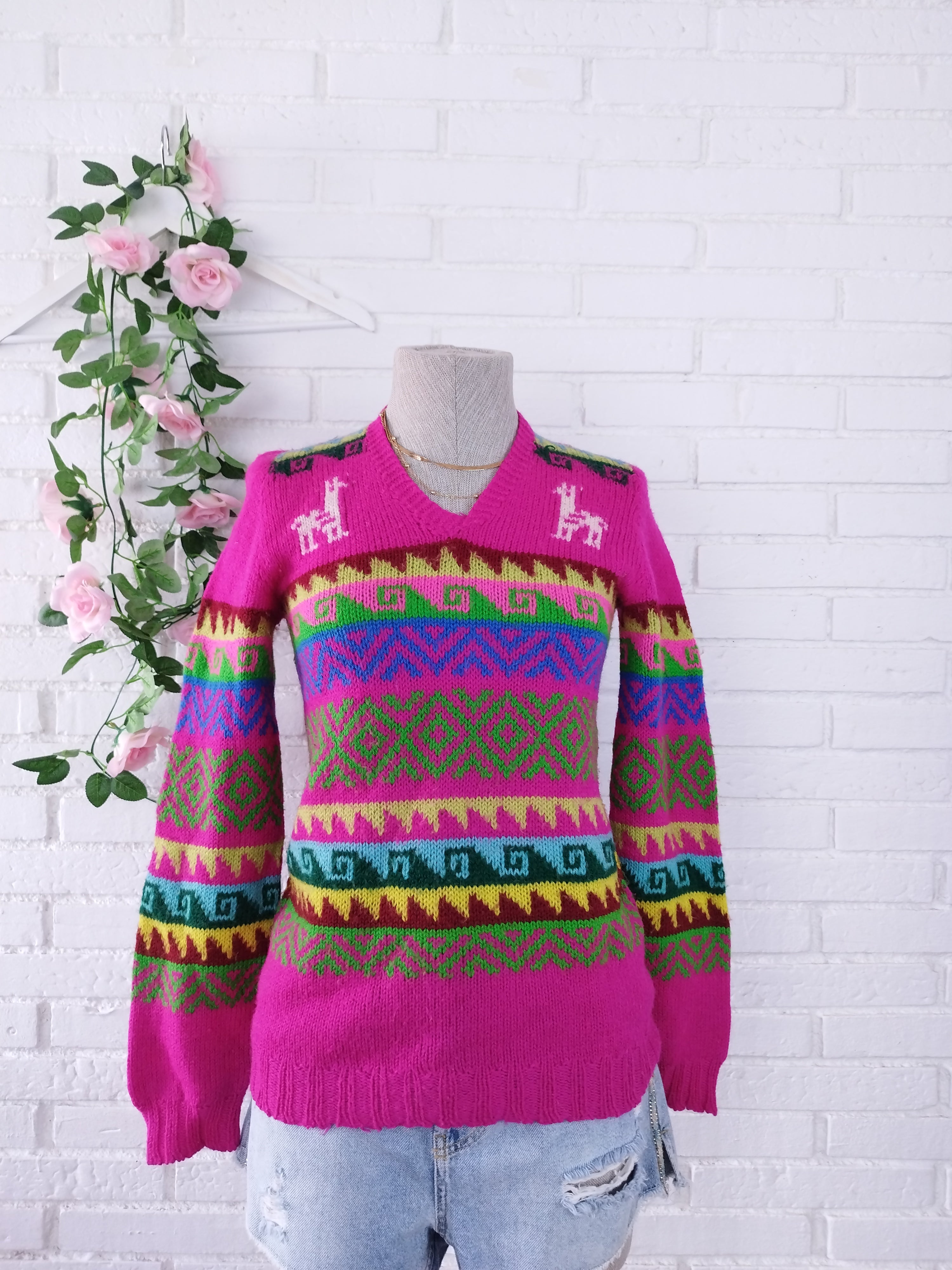 Vintage 90s Andean Jacquard Sweater — Fuchsia Base, Llama & Inca Motifs, V-Neck