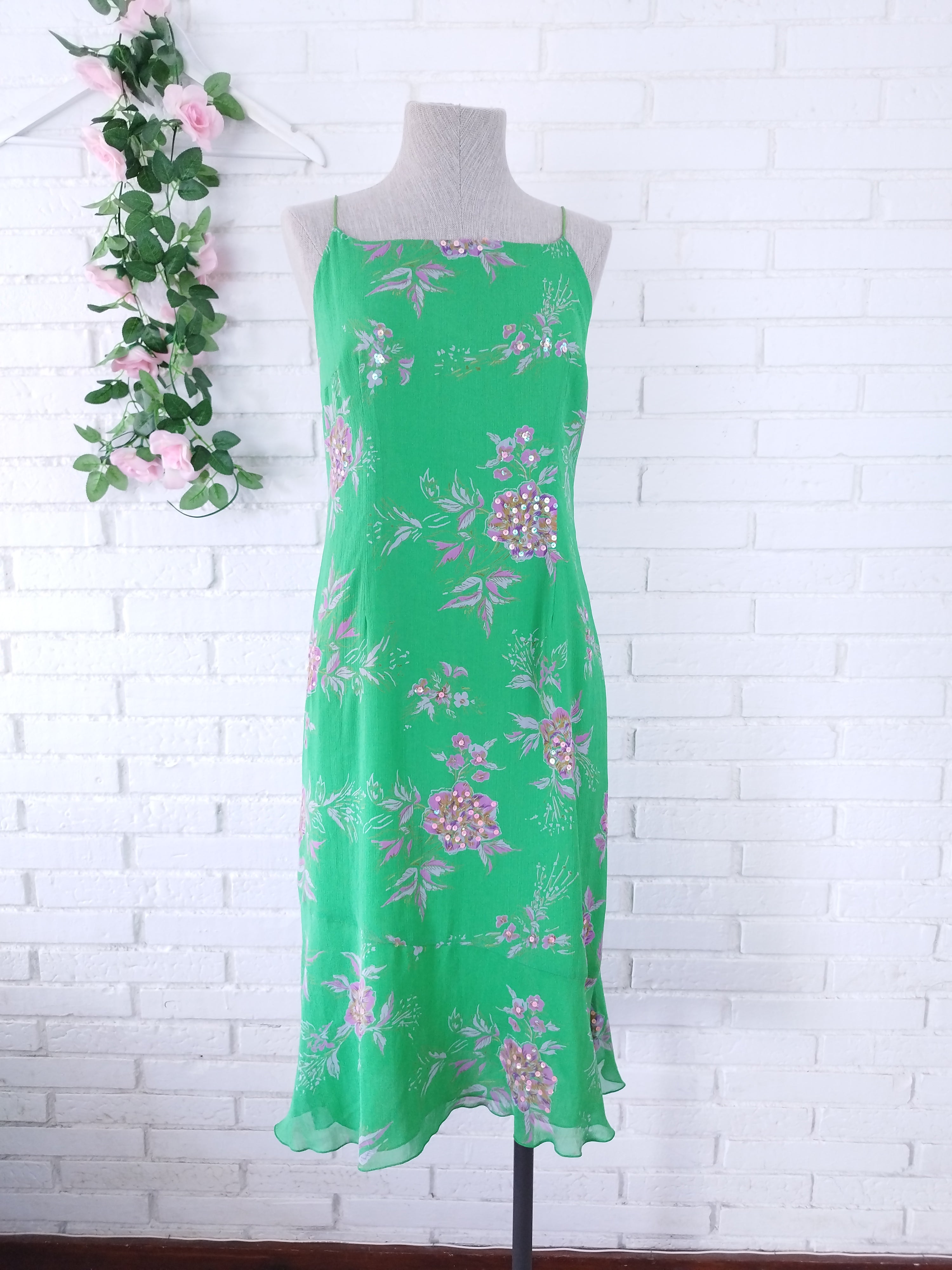 Vintage 90s Slip Dress — Green Floral, Rose Sequins & Loose Fit