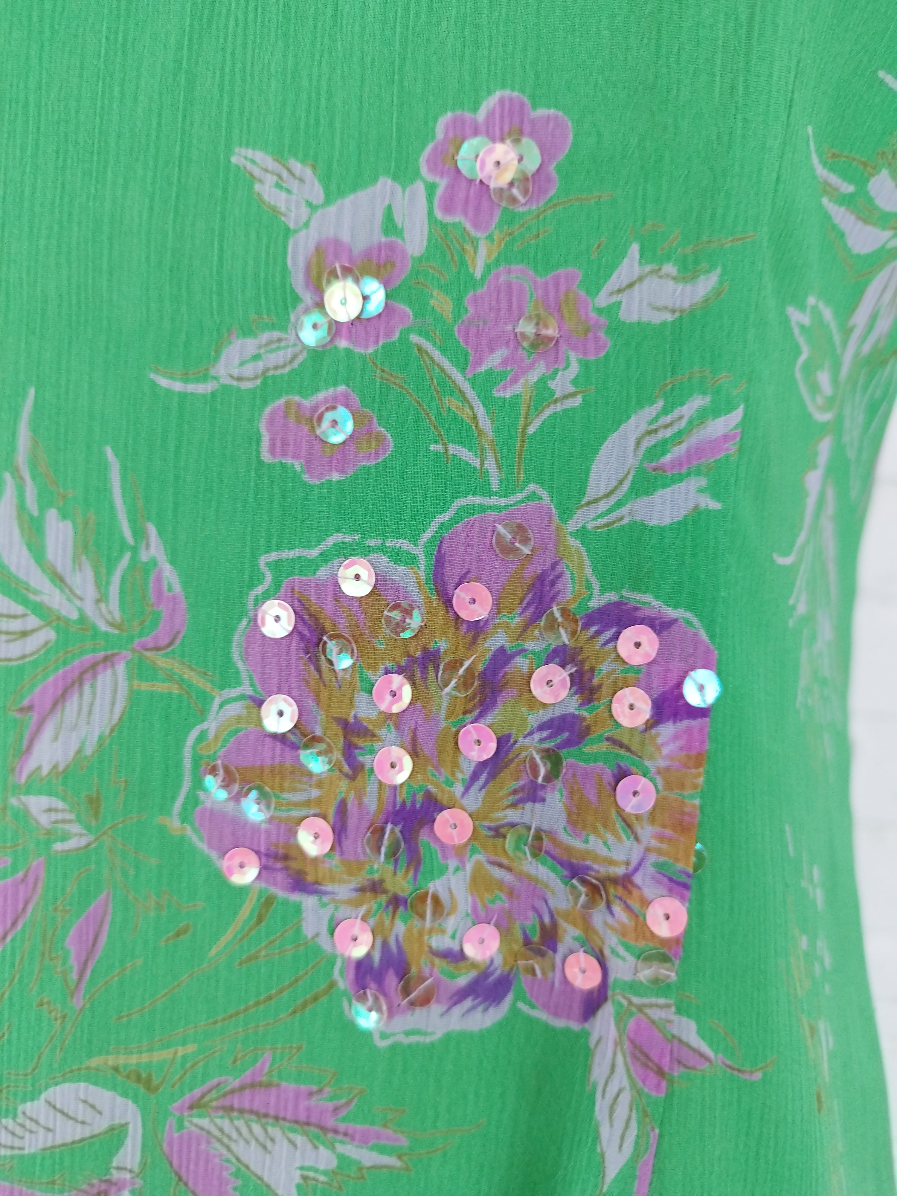 Vintage 90s Slip Dress — Green Floral, Rose Sequins & Loose Fit