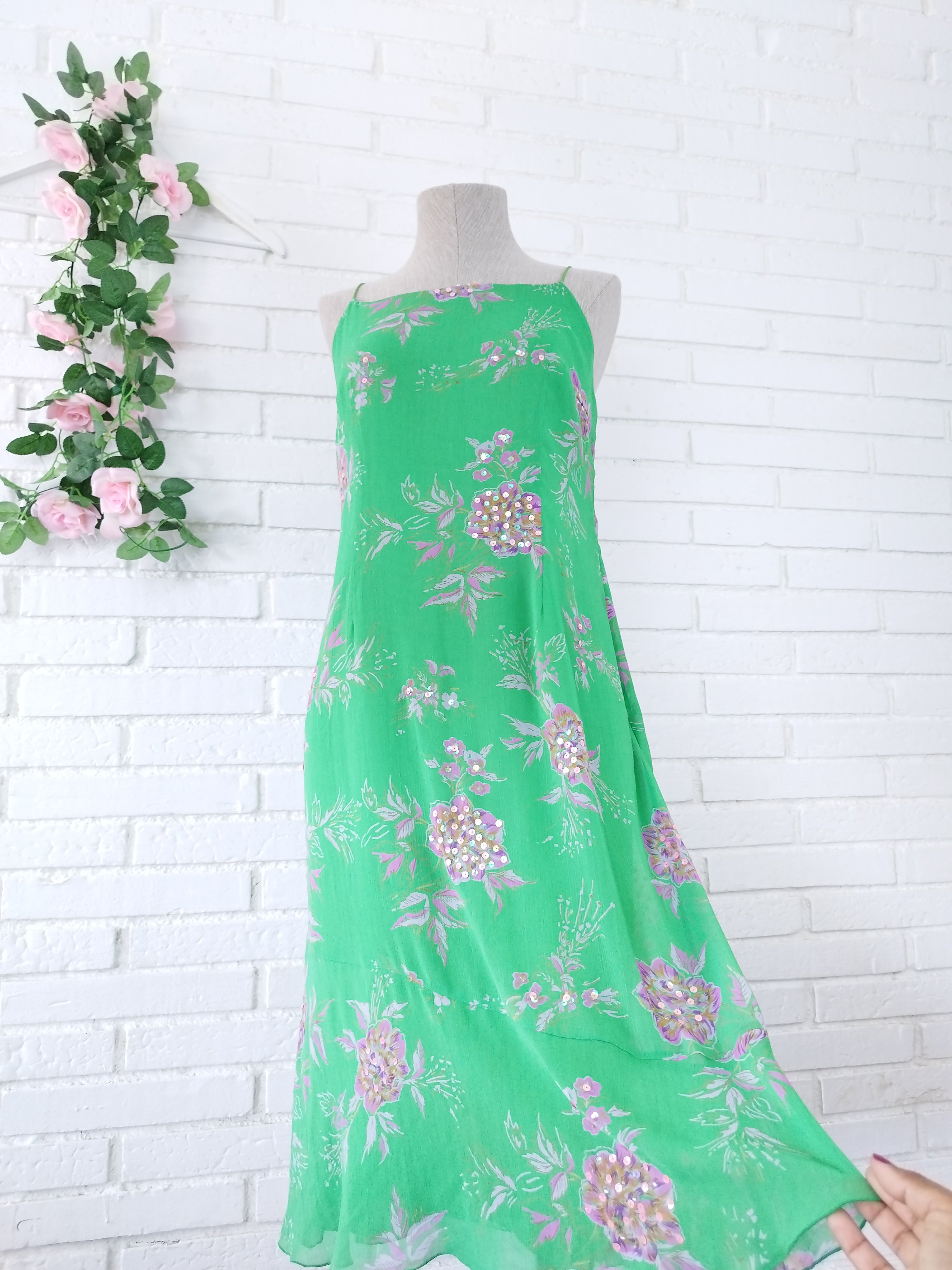 Vintage 90s Slip Dress — Green Floral, Rose Sequins & Loose Fit
