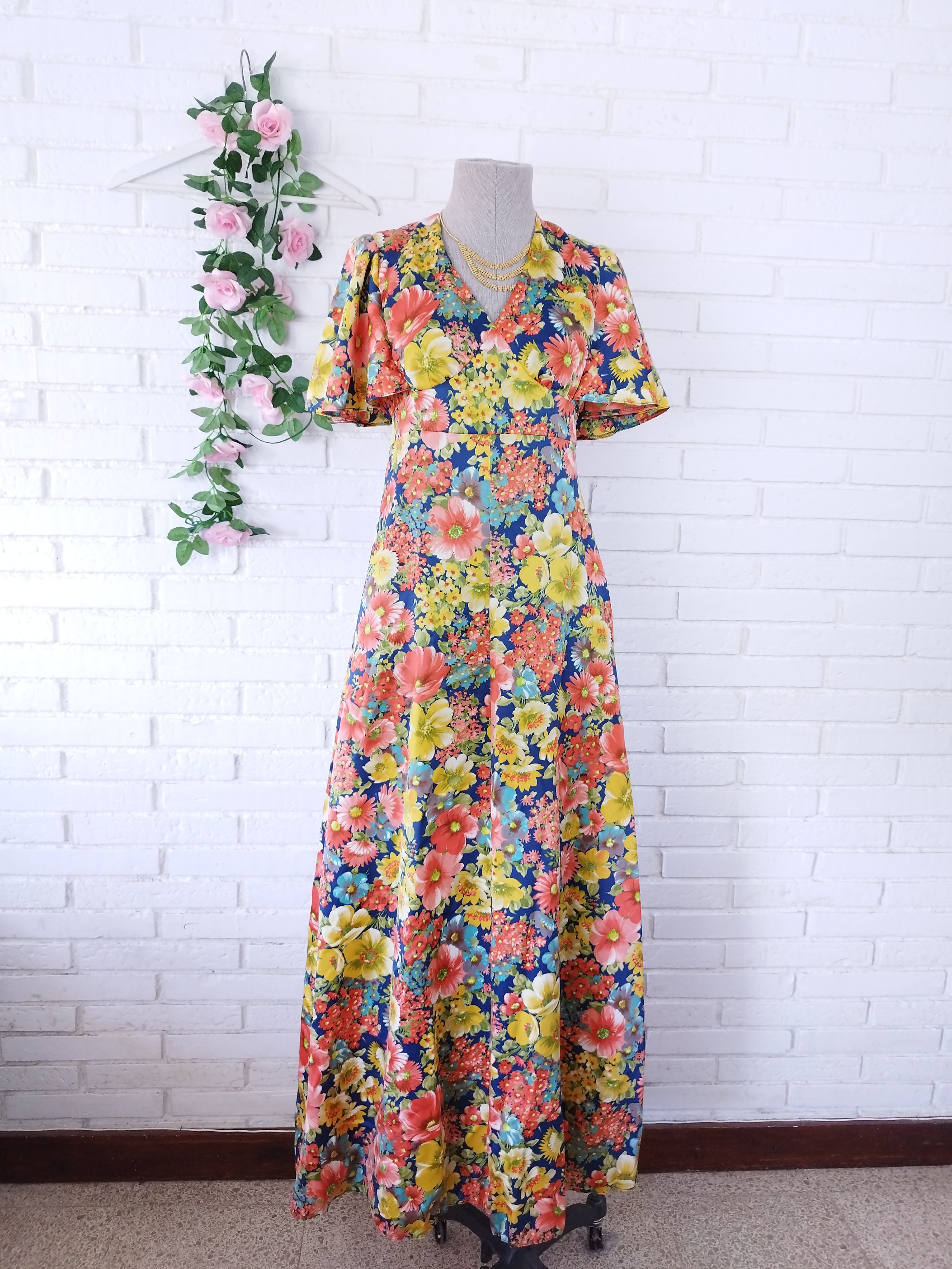Vintage 90s Maxi Dress — V-Neck, Ruffle Sleeves, Empire Waist & Floral Satin
