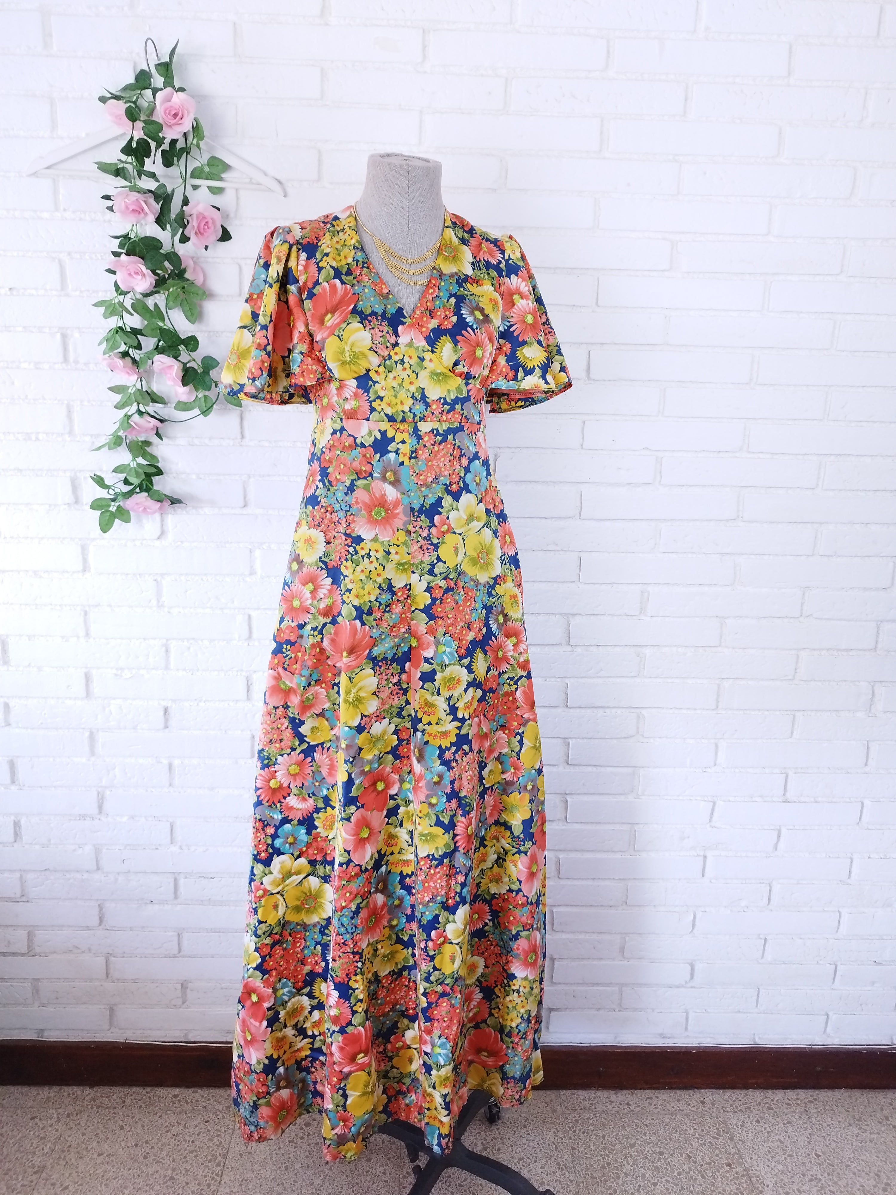 Vintage 90s Maxi Dress — V-Neck, Ruffle Sleeves, Empire Waist & Floral Satin