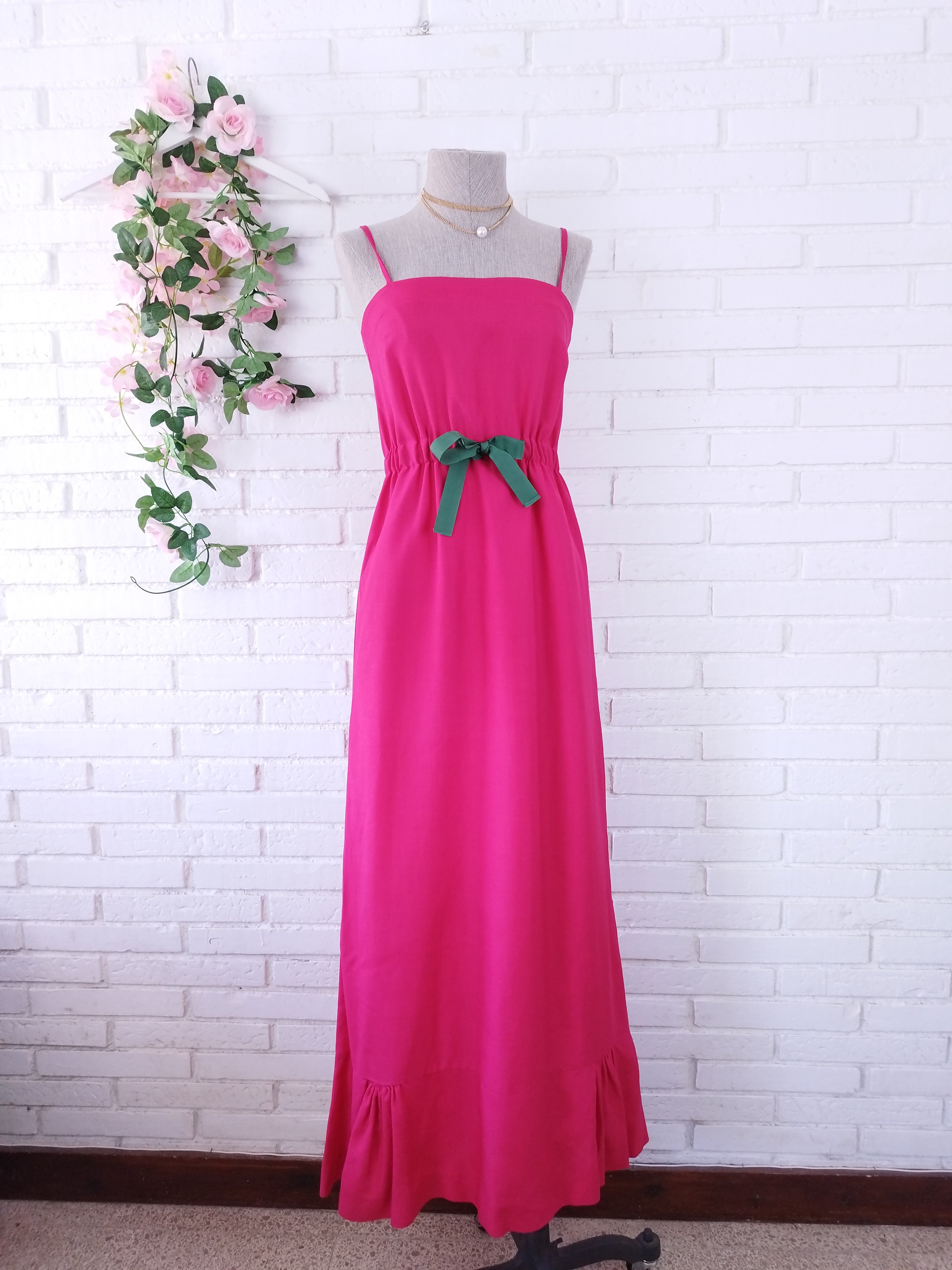 Vintage 90s Fuchsia Maxi Slip Dress — Linen-Look Fabric, Green Ribbon Waist, Ruffled Hem & Handmade