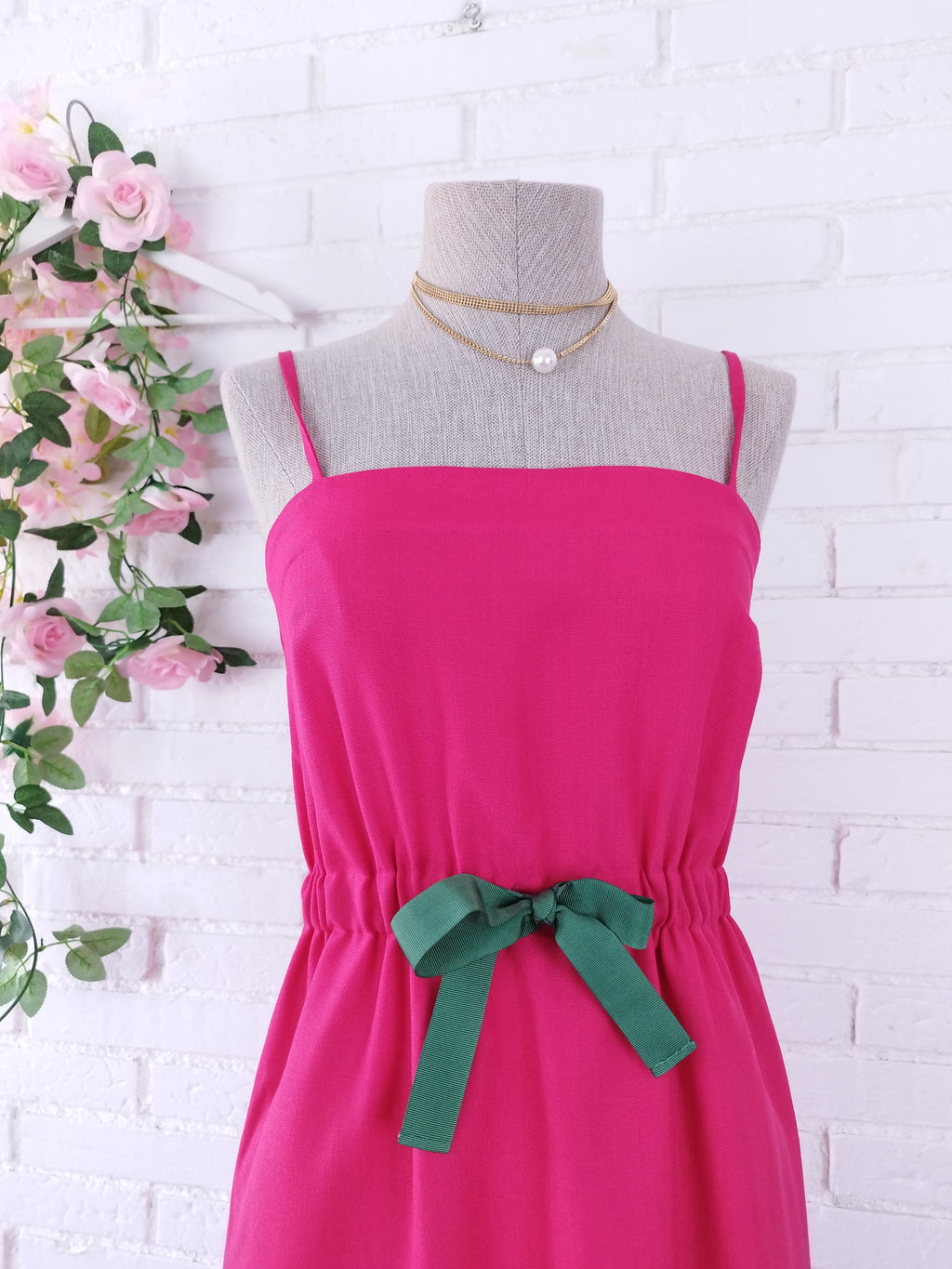 Vintage 90s Fuchsia Maxi Slip Dress — Linen-Look Fabric, Green Ribbon Waist, Ruffled Hem & Handmade