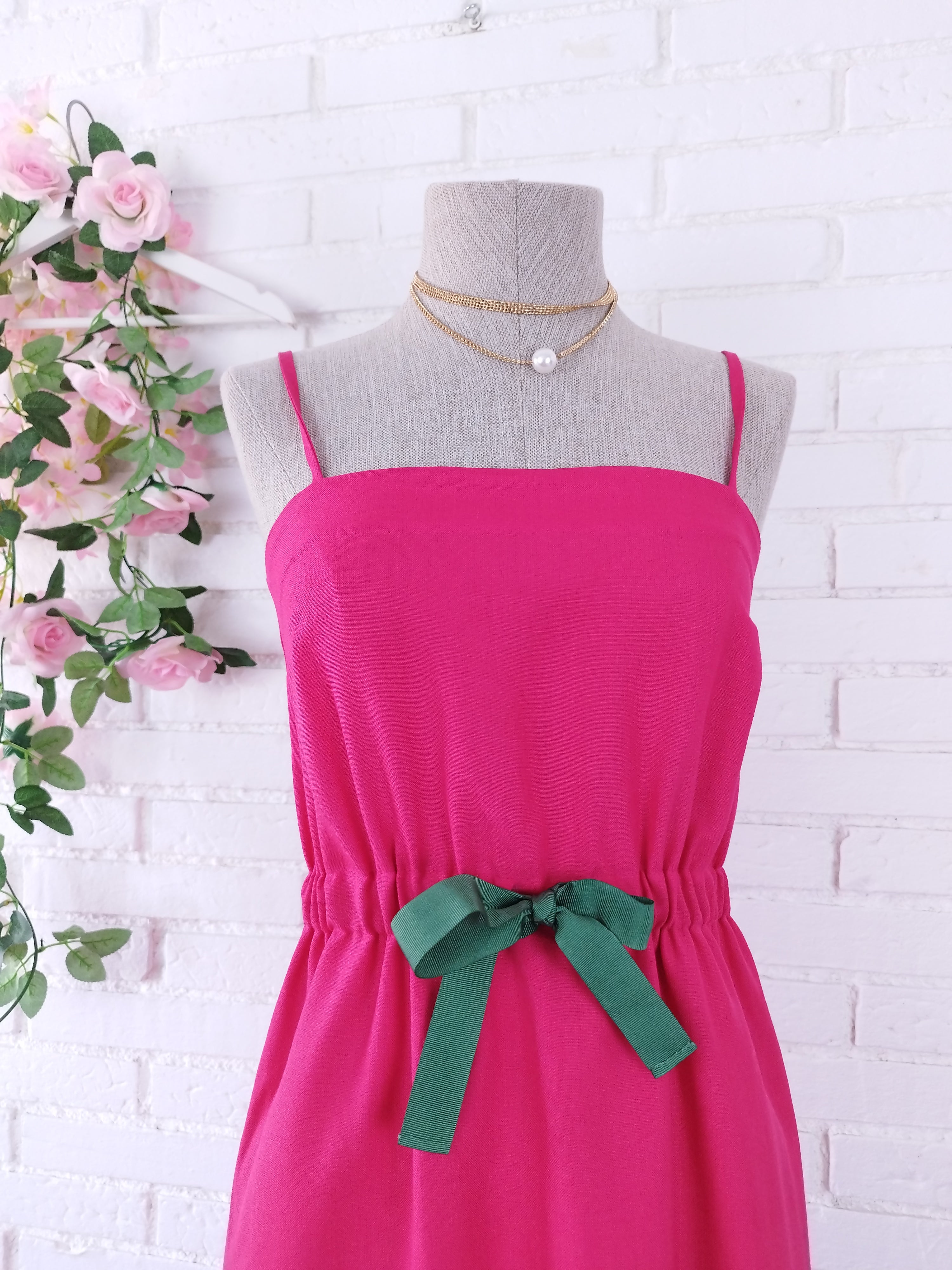 Vintage 90s Fuchsia Maxi Slip Dress — Linen-Look Fabric, Green Ribbon Waist, Ruffled Hem & Handmade