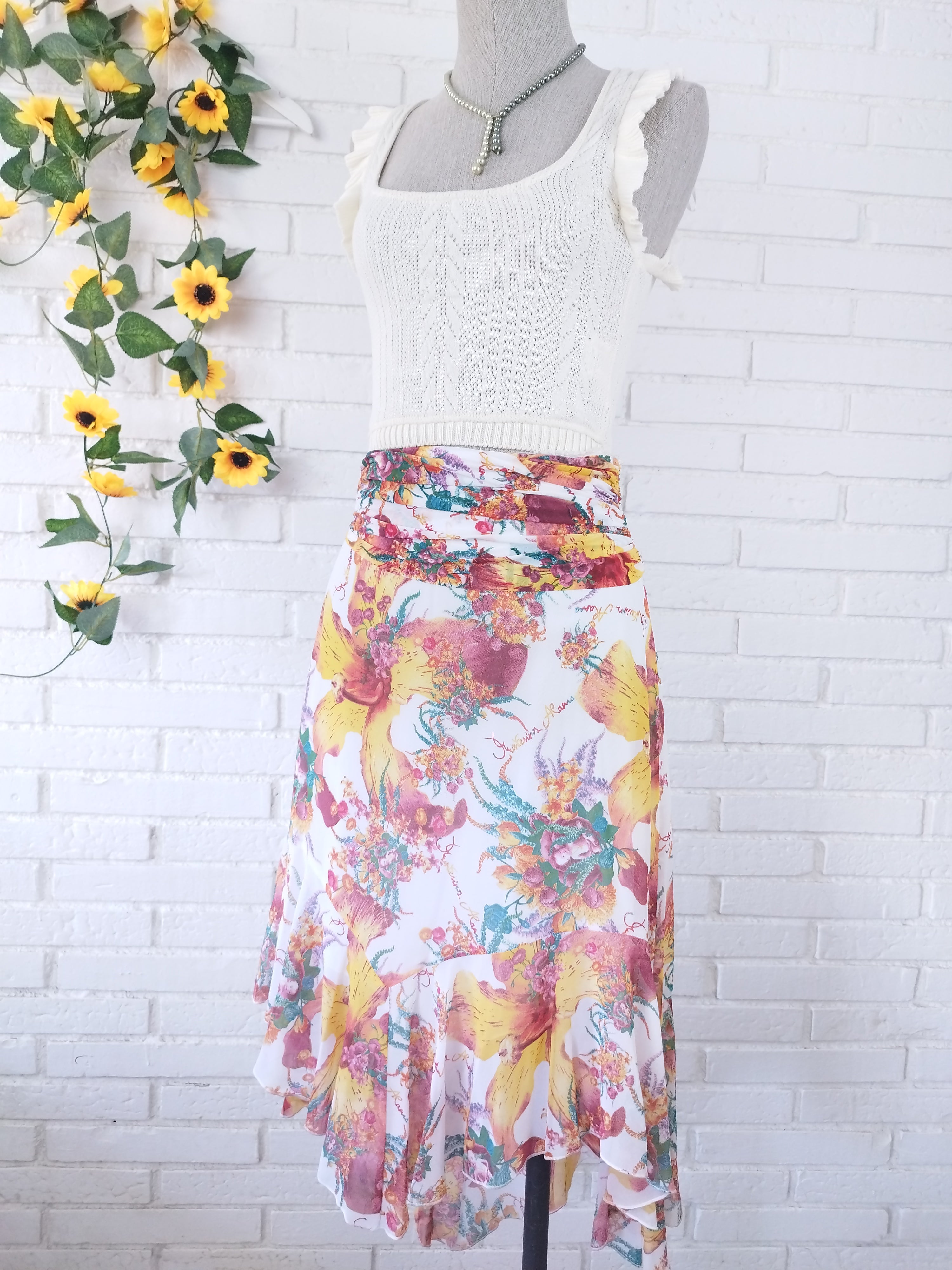 Montesinos Alama Vintage 90s Skirt — Ruched Waist, Asymmetric Hem & Tulle Print