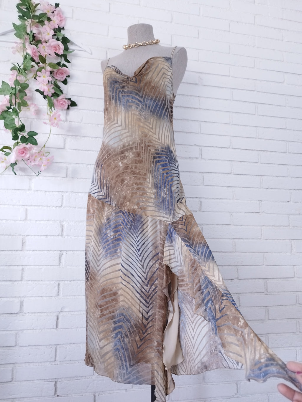 Vintage 2000s Y2K Midi Dress — Draped Neck, Asymmetric Stripe &amp; Fluid Chiffon