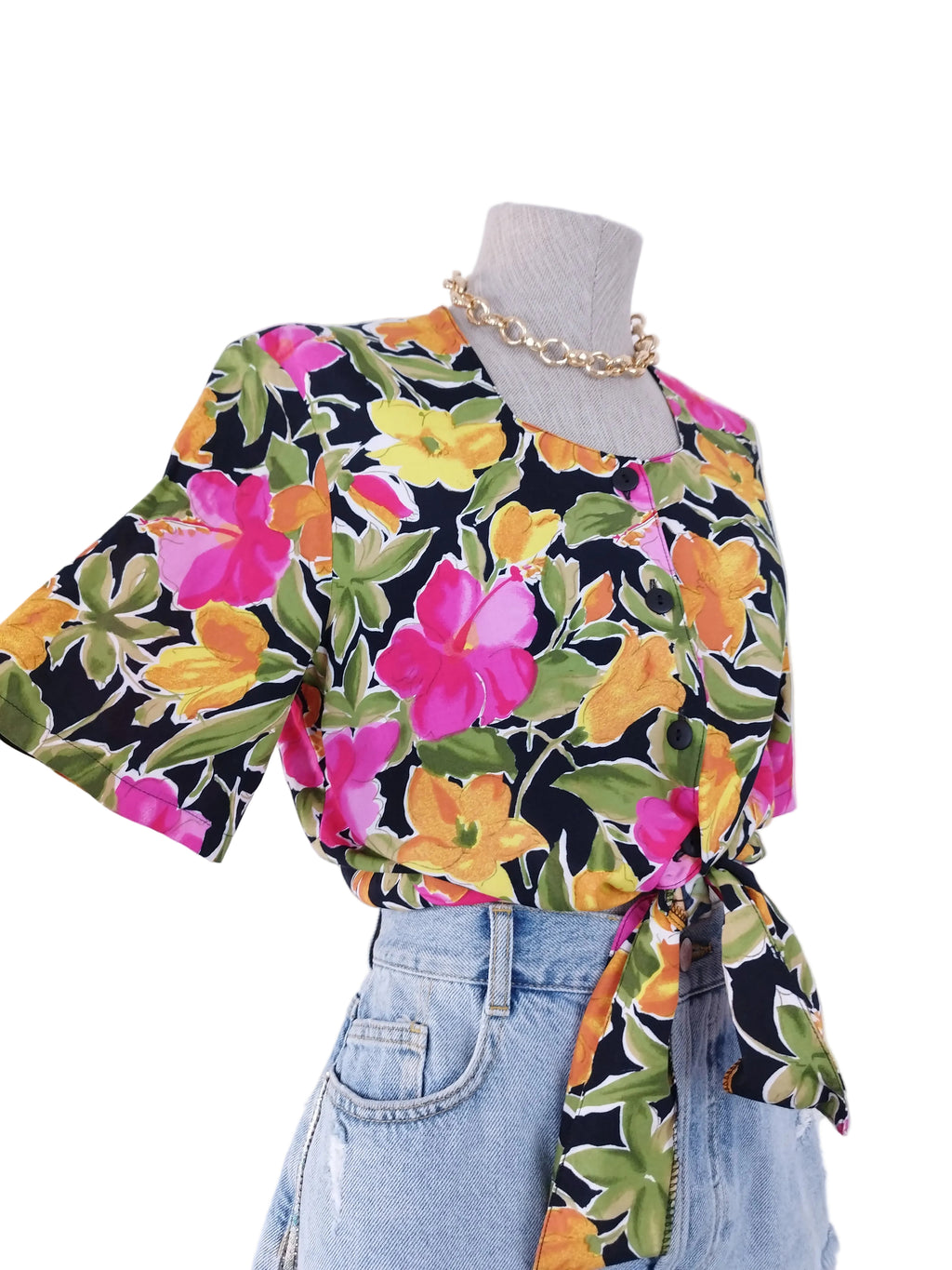 Vintage 90s Blouse — Short Sleeves, Square Neck & Summer Floral Print
