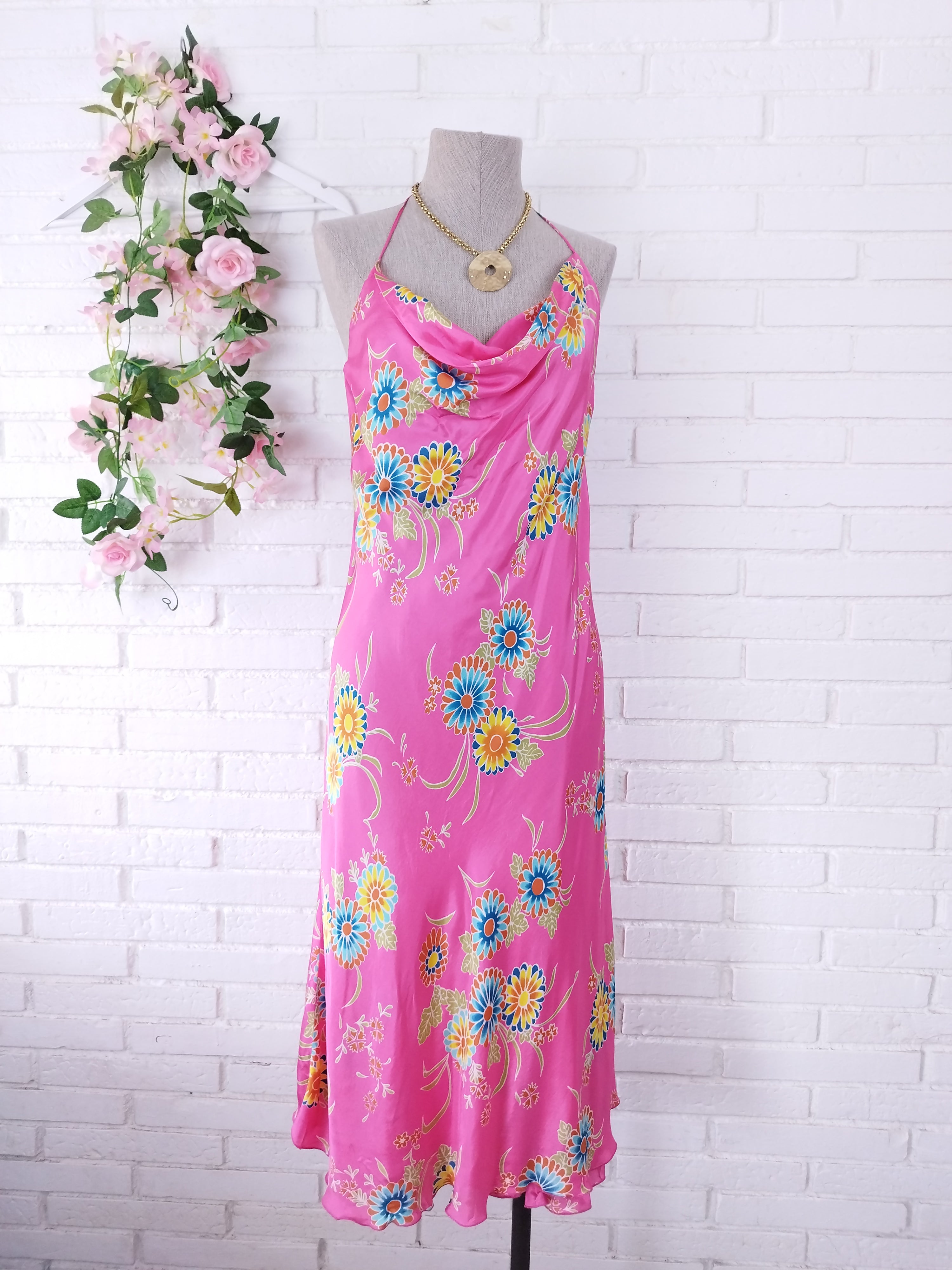 Vintage 90s Maxi Dress — Halter Neck, Fuchsia Satin & Bold Floral Print