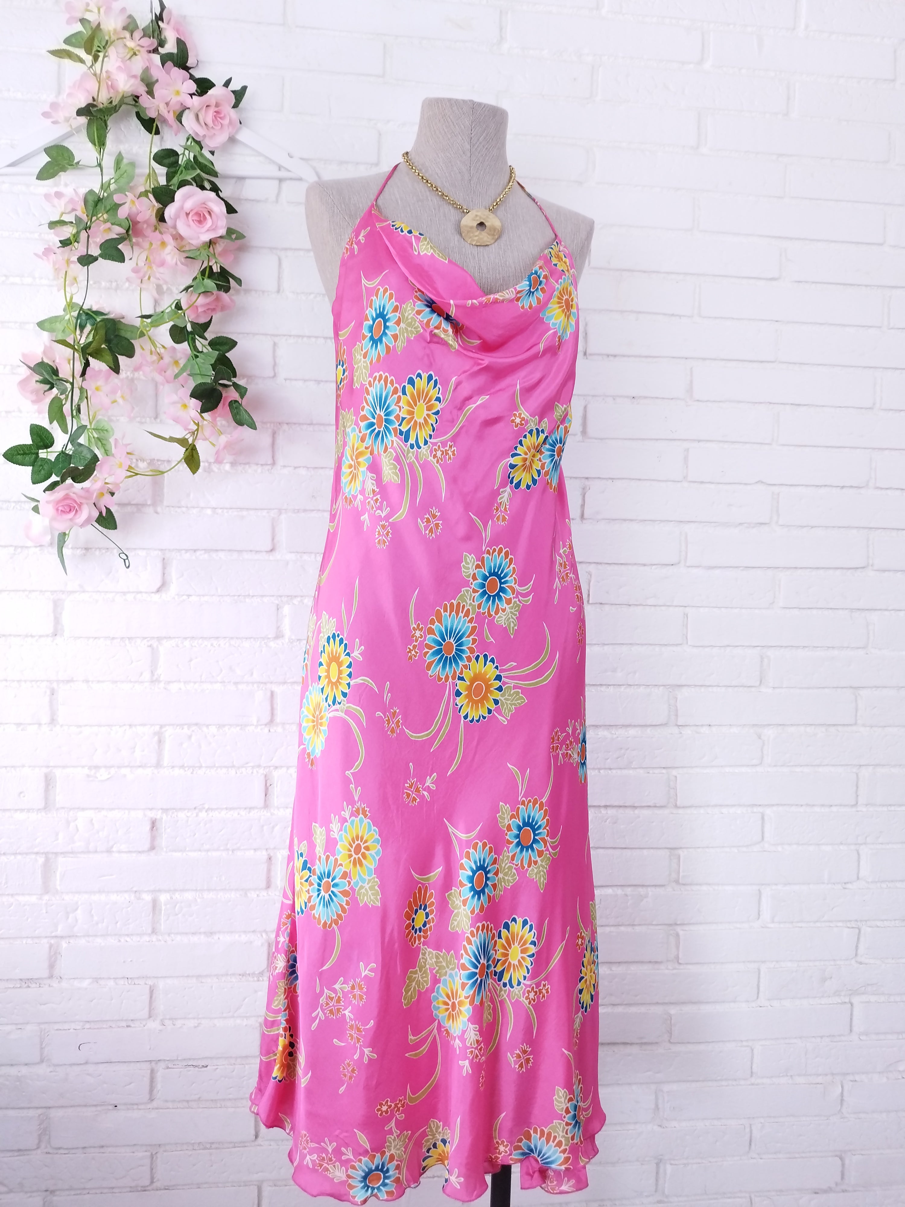Vintage 90s Maxi Dress — Halter Neck, Fuchsia Satin & Bold Floral Print