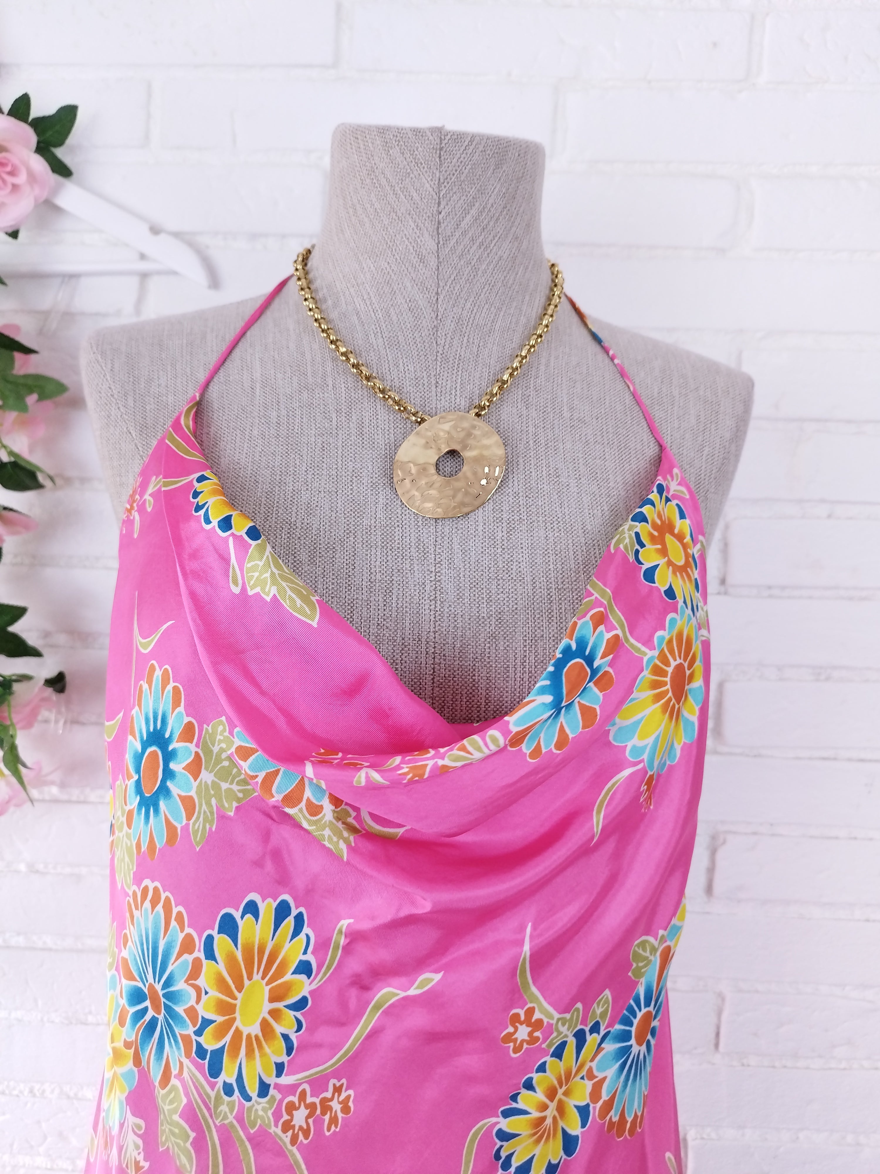 Vintage 90s Maxi Dress — Halter Neck, Fuchsia Satin & Bold Floral Print