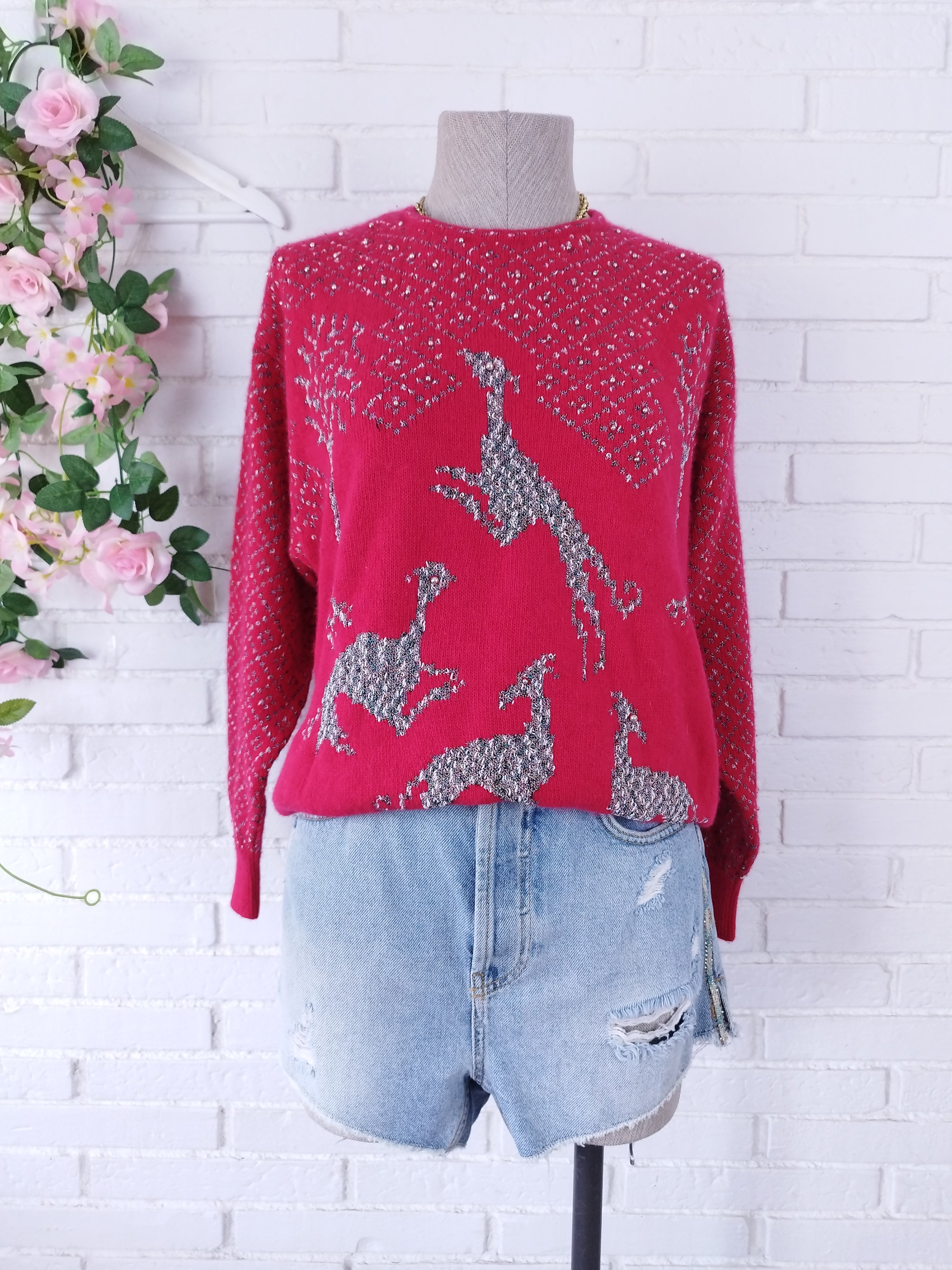 Vintage 90s Knit Sweater — Round Neck, Greyhound Print & Angora-Wool Blend