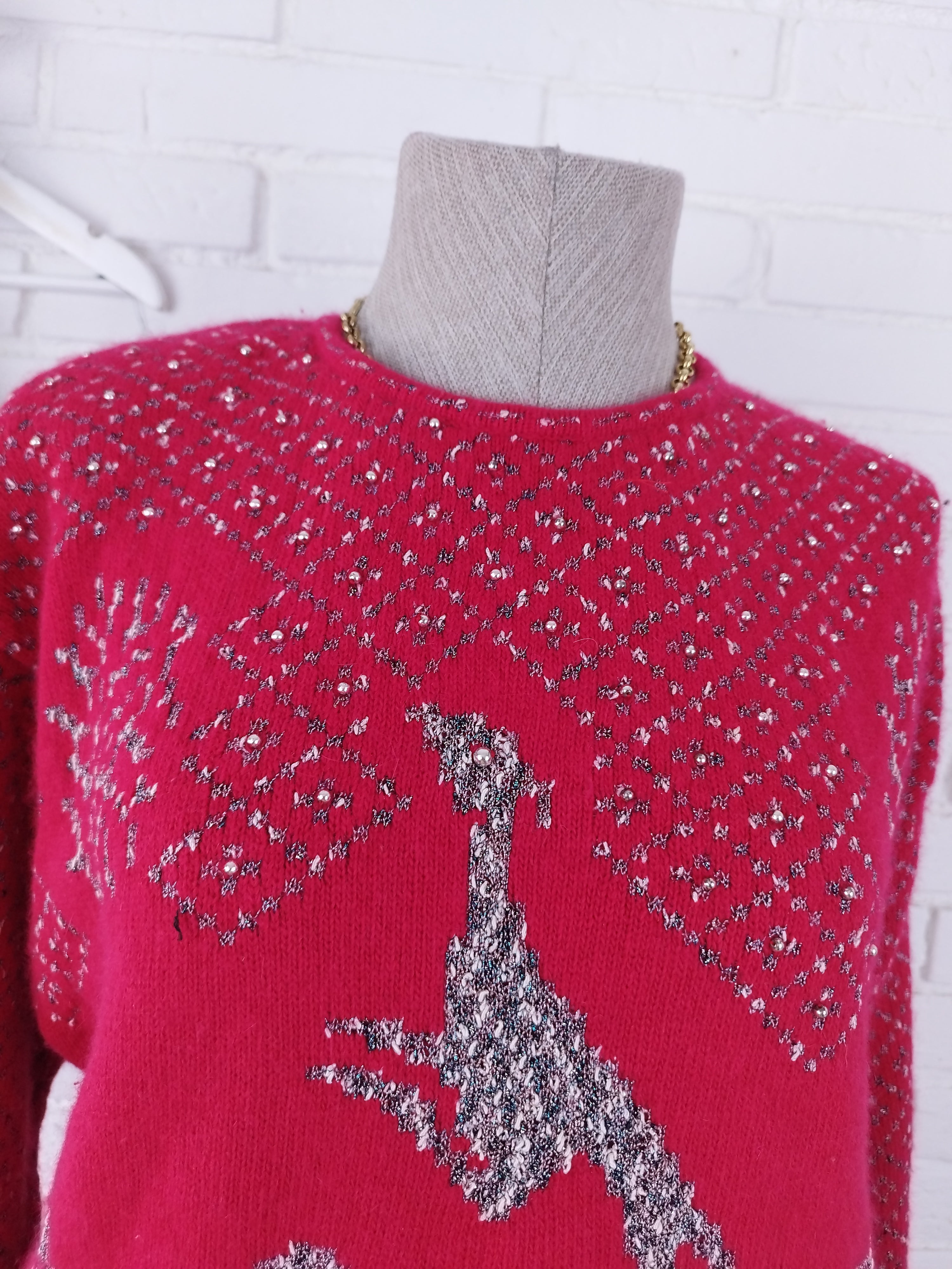 Vintage 90s Knit Sweater — Round Neck, Greyhound Print & Angora-Wool Blend
