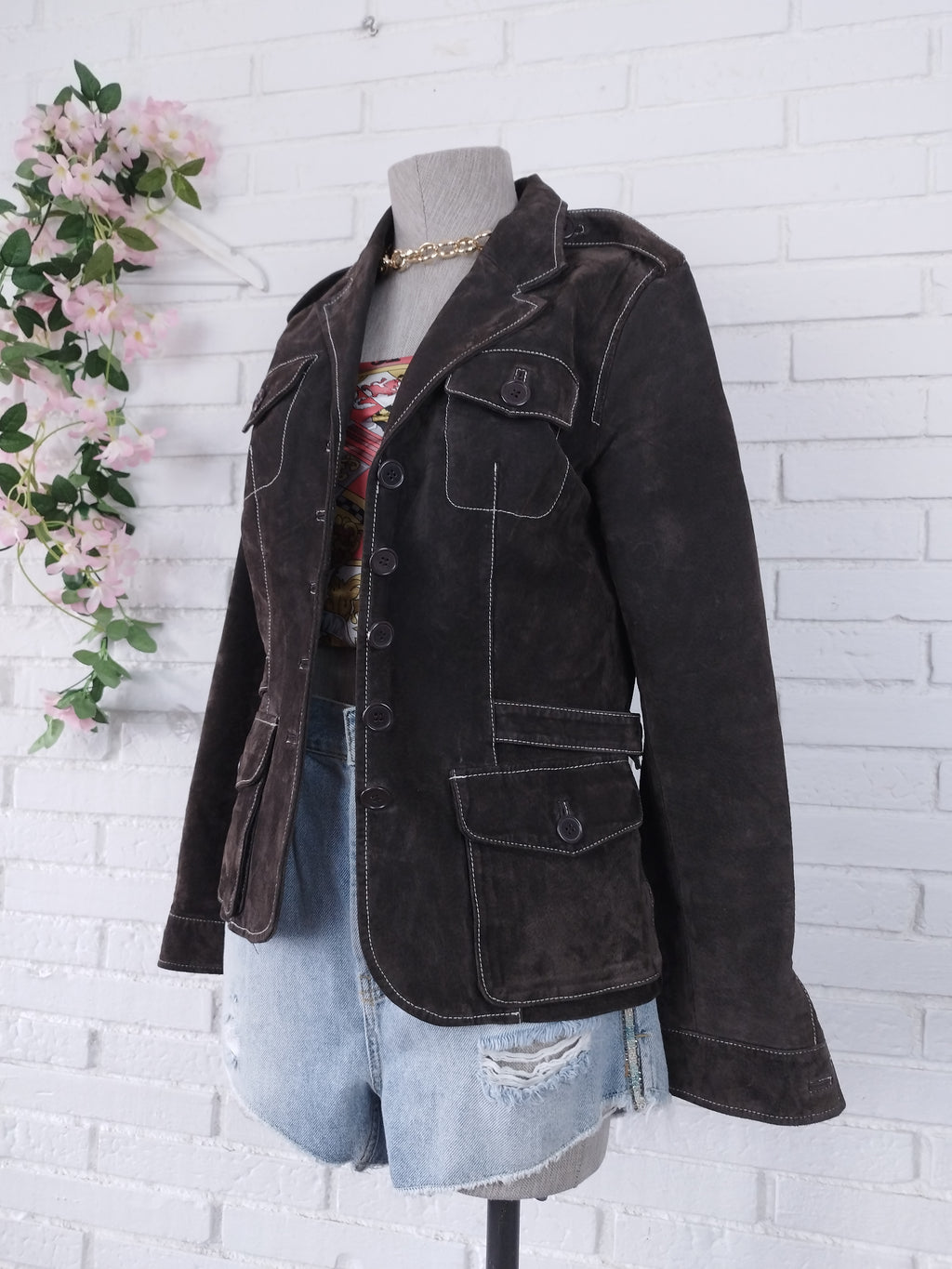 Vintage 90s Suede Blazer — Brown Leather, White Stitching & 4 Pockets