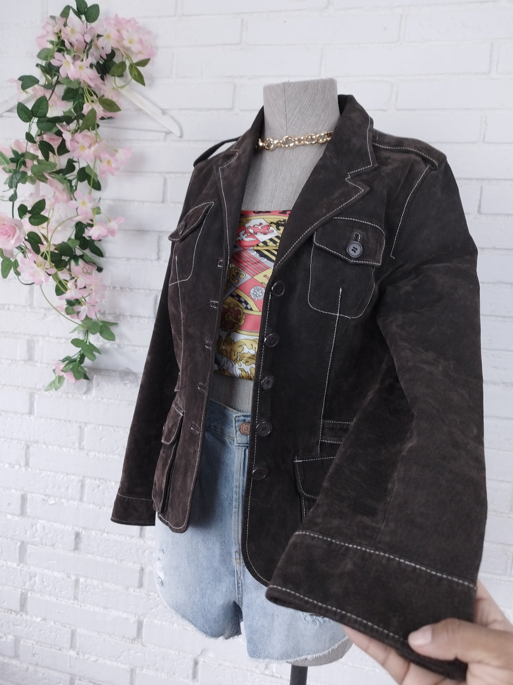 Vintage 90s Suede Blazer — Brown Leather, White Stitching & 4 Pockets