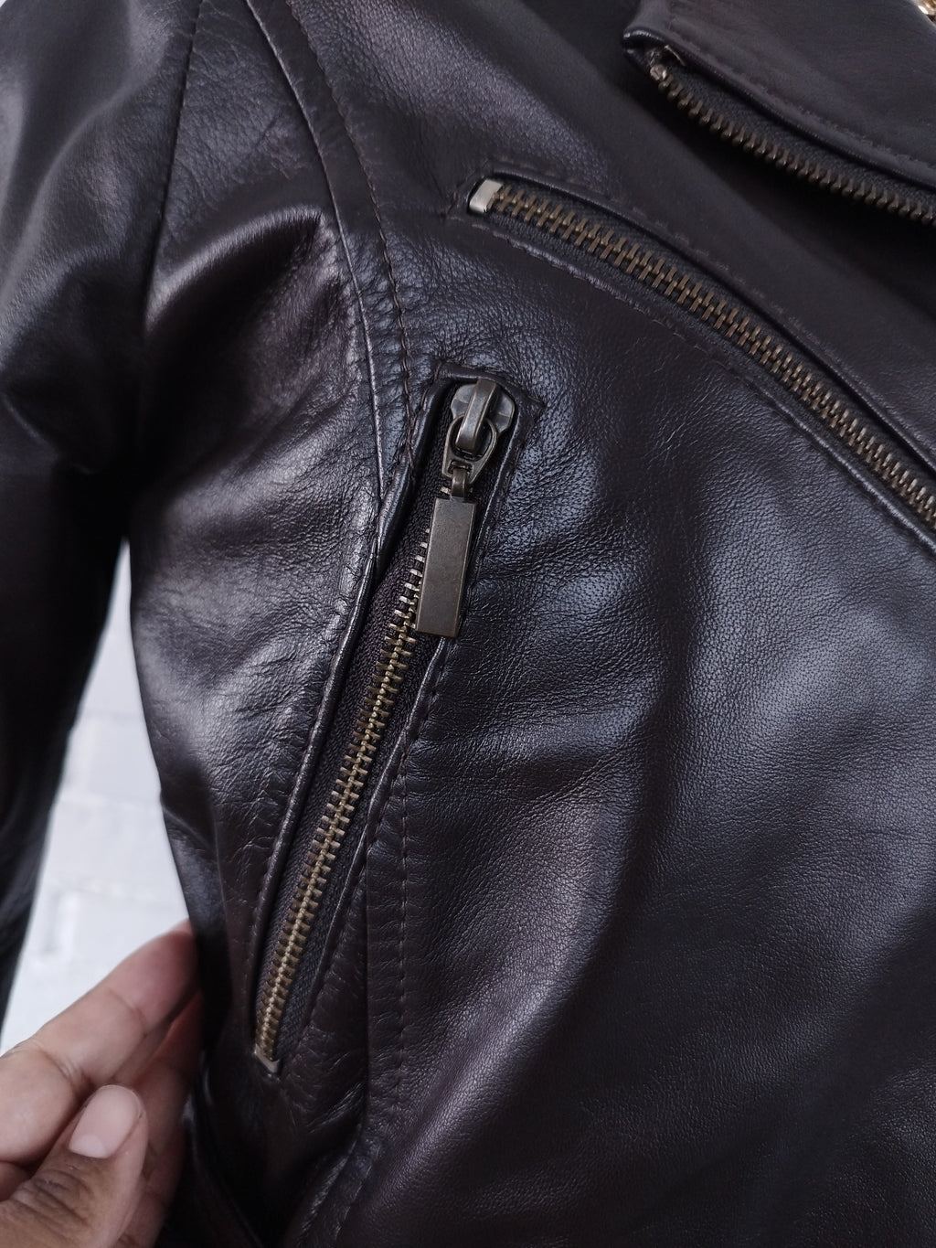 Vintage 90s Leather Jacket — Brown Moto Street Style