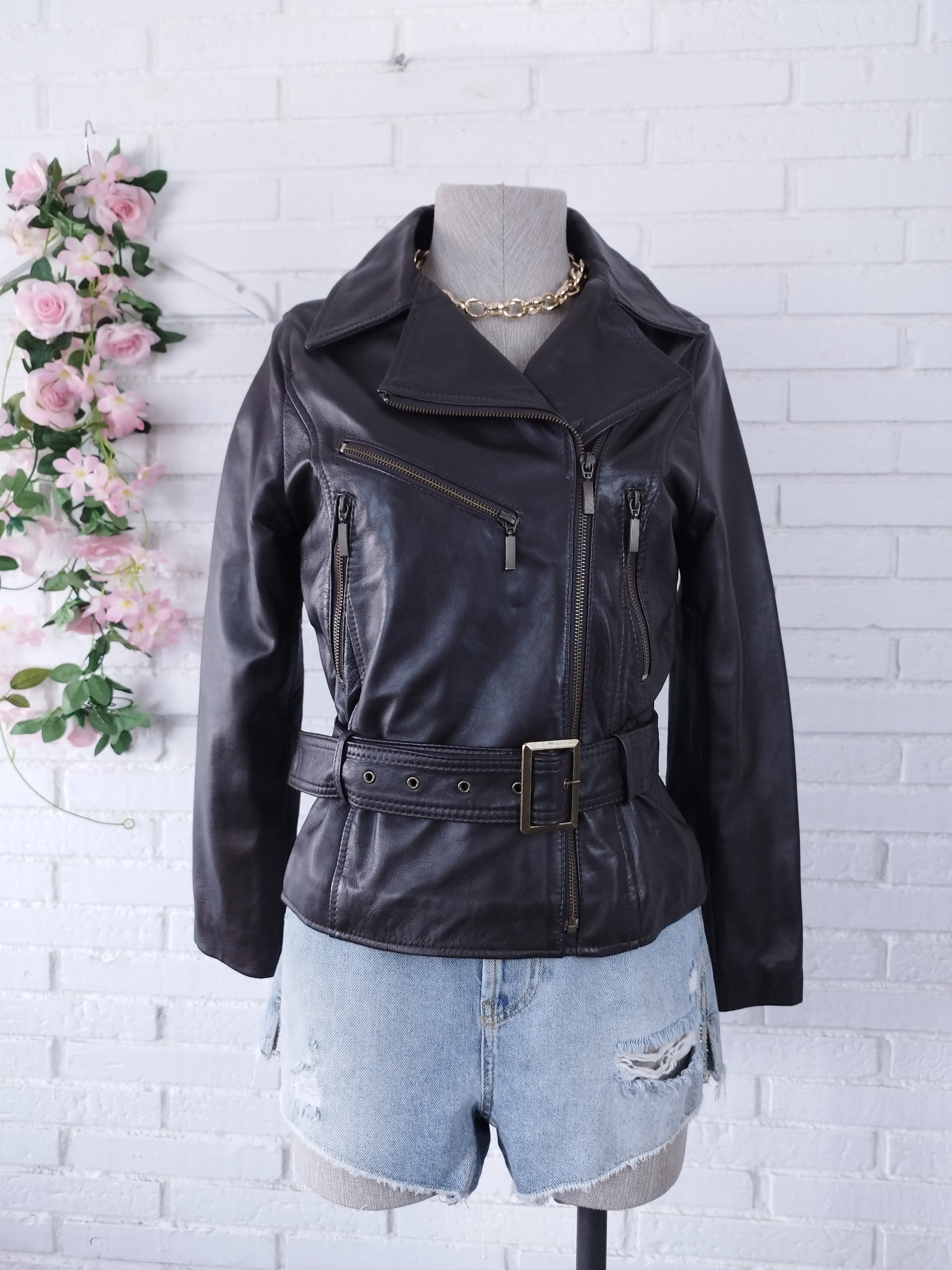 Vintage 90s Leather Jacket — Brown Moto Street Style