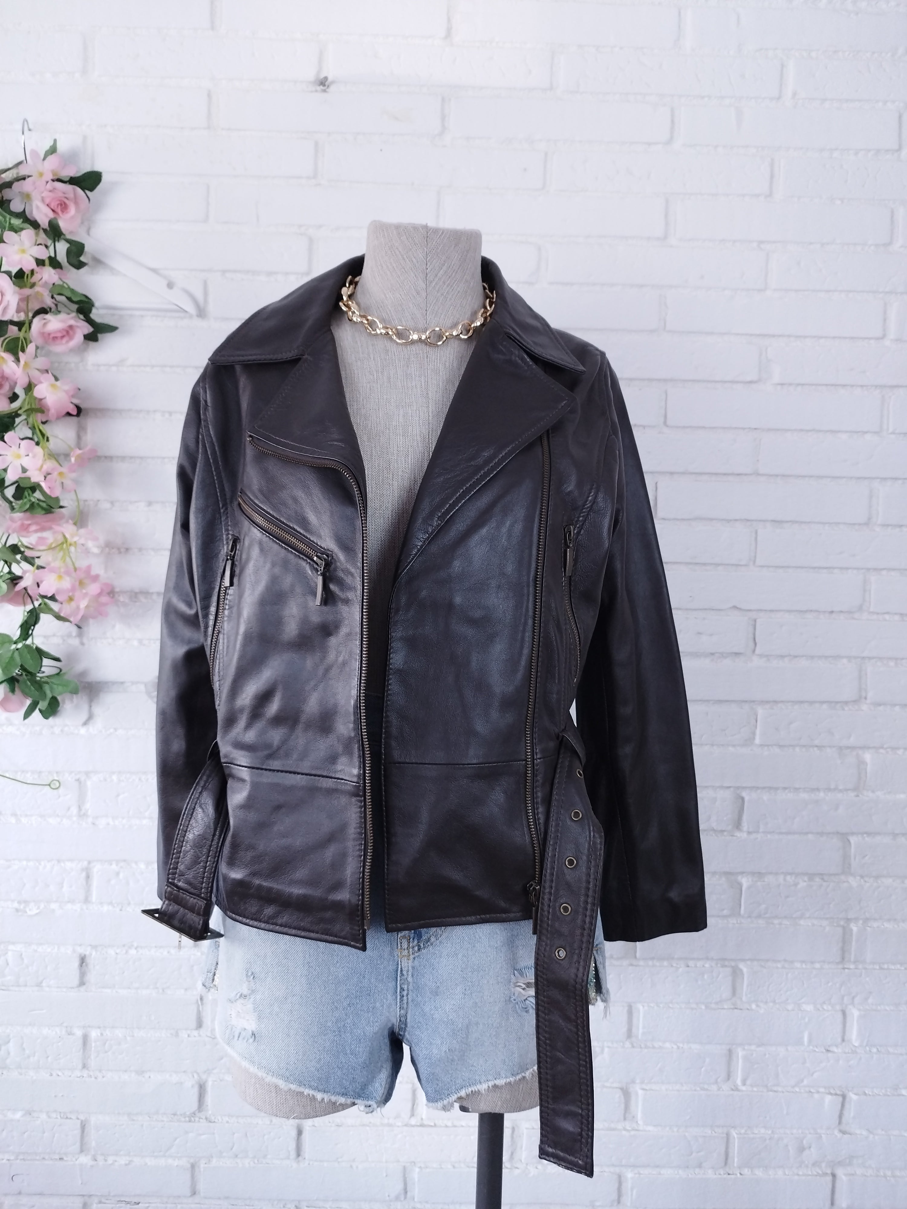 Vintage 90s Leather Jacket — Brown Moto Street Style