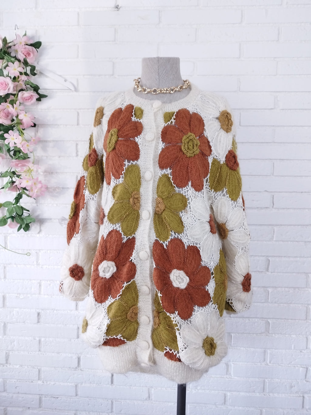 Vintage 90s Long Cardigan — Handmade Crochet & Knit, Floral Design & Wool