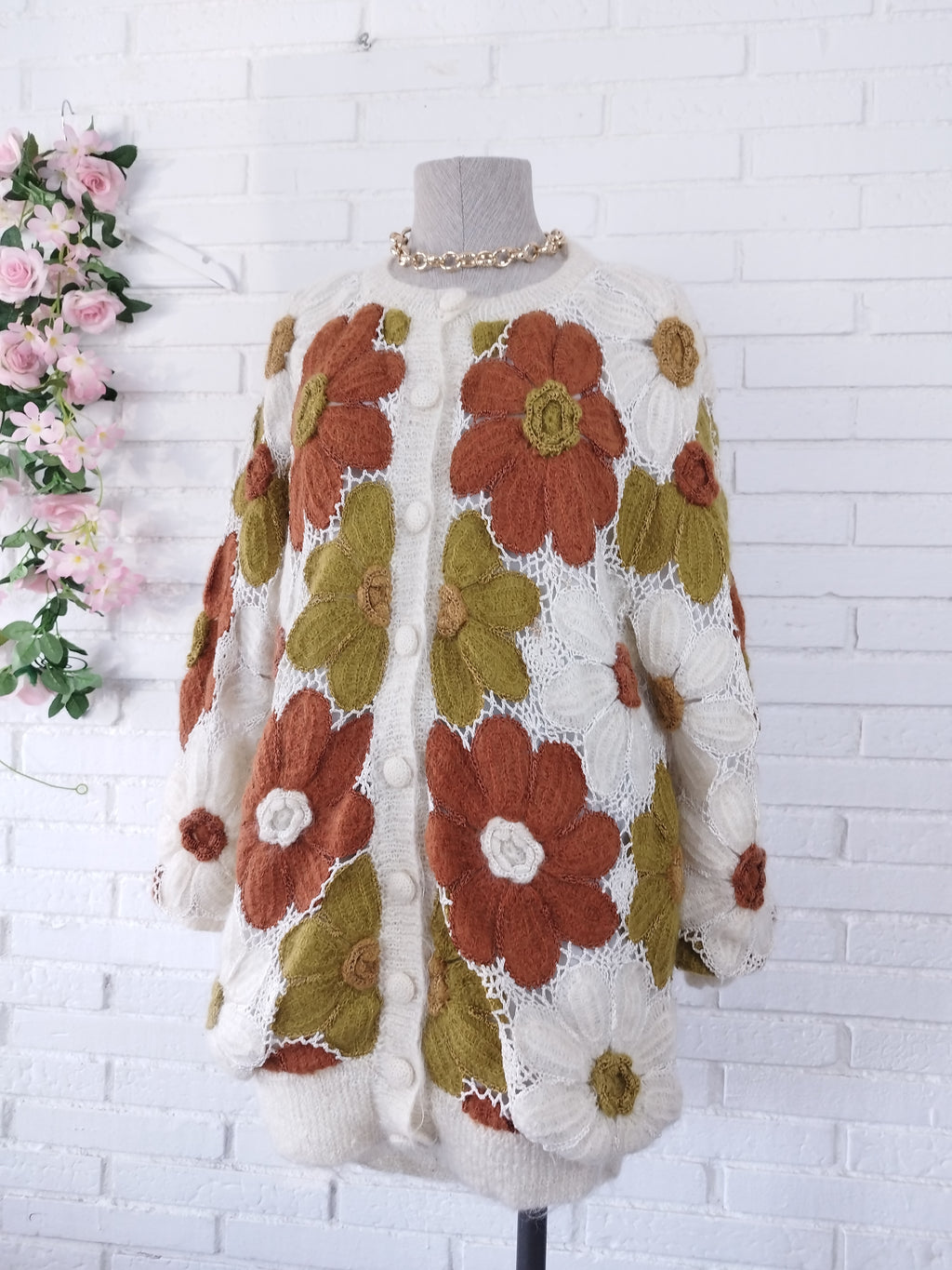 Vintage 90s Long Cardigan — Handmade Crochet & Knit, Floral Design & Wool