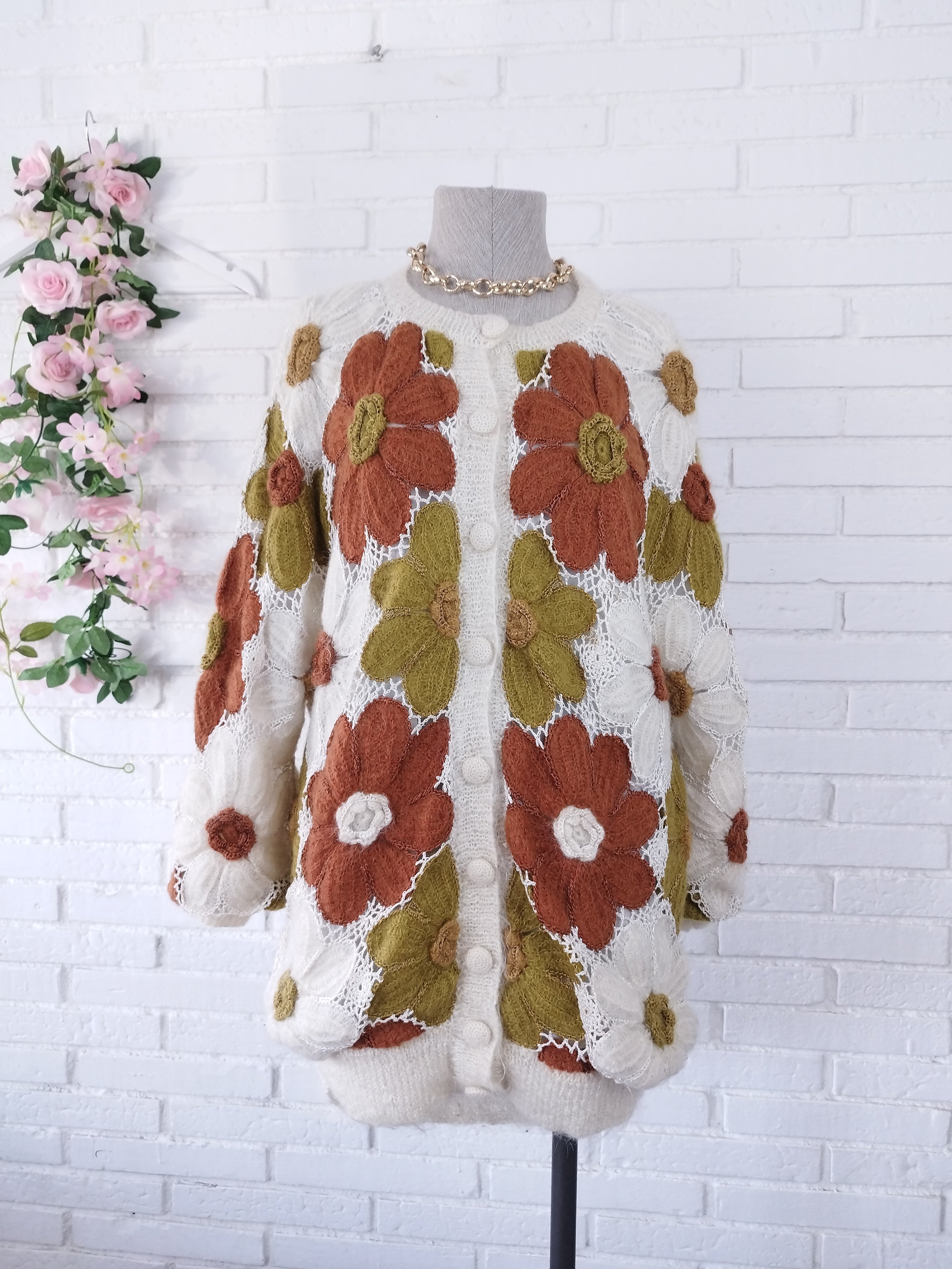 Vintage 90s Long Cardigan — Handmade Crochet & Knit, Floral Design & Wool