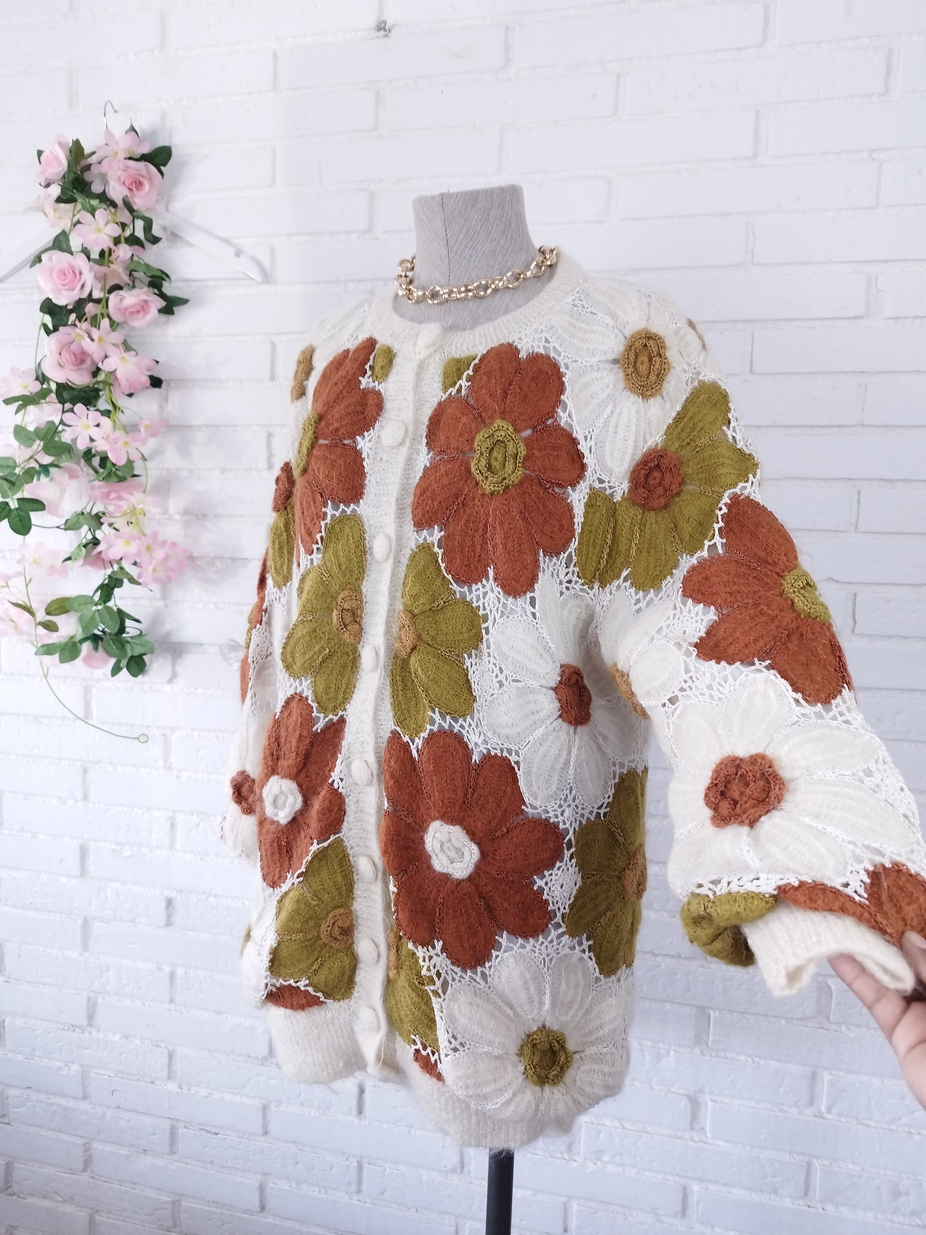 Vintage 90s Long Cardigan — Handmade Crochet & Knit, Floral Design & Wool