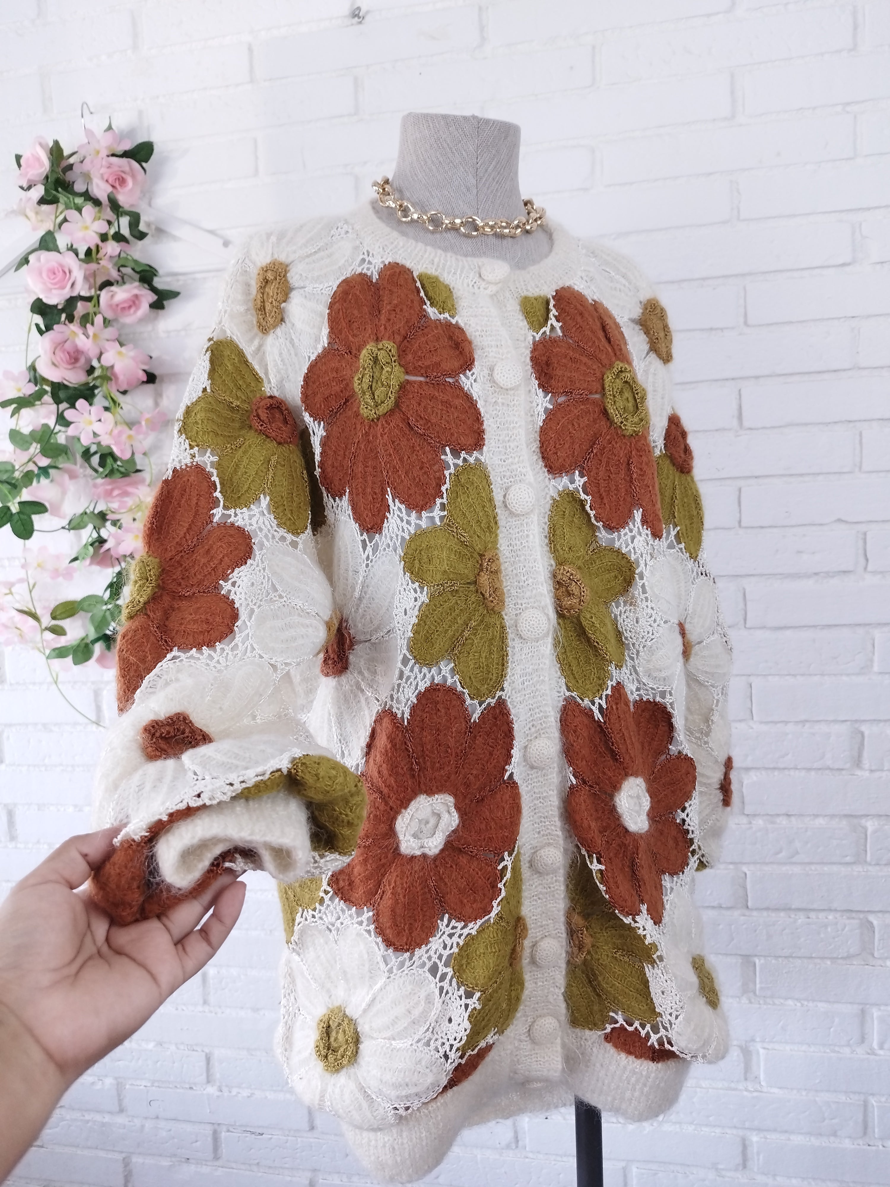Vintage 90s Long Cardigan — Handmade Crochet & Knit, Floral Design & Wool