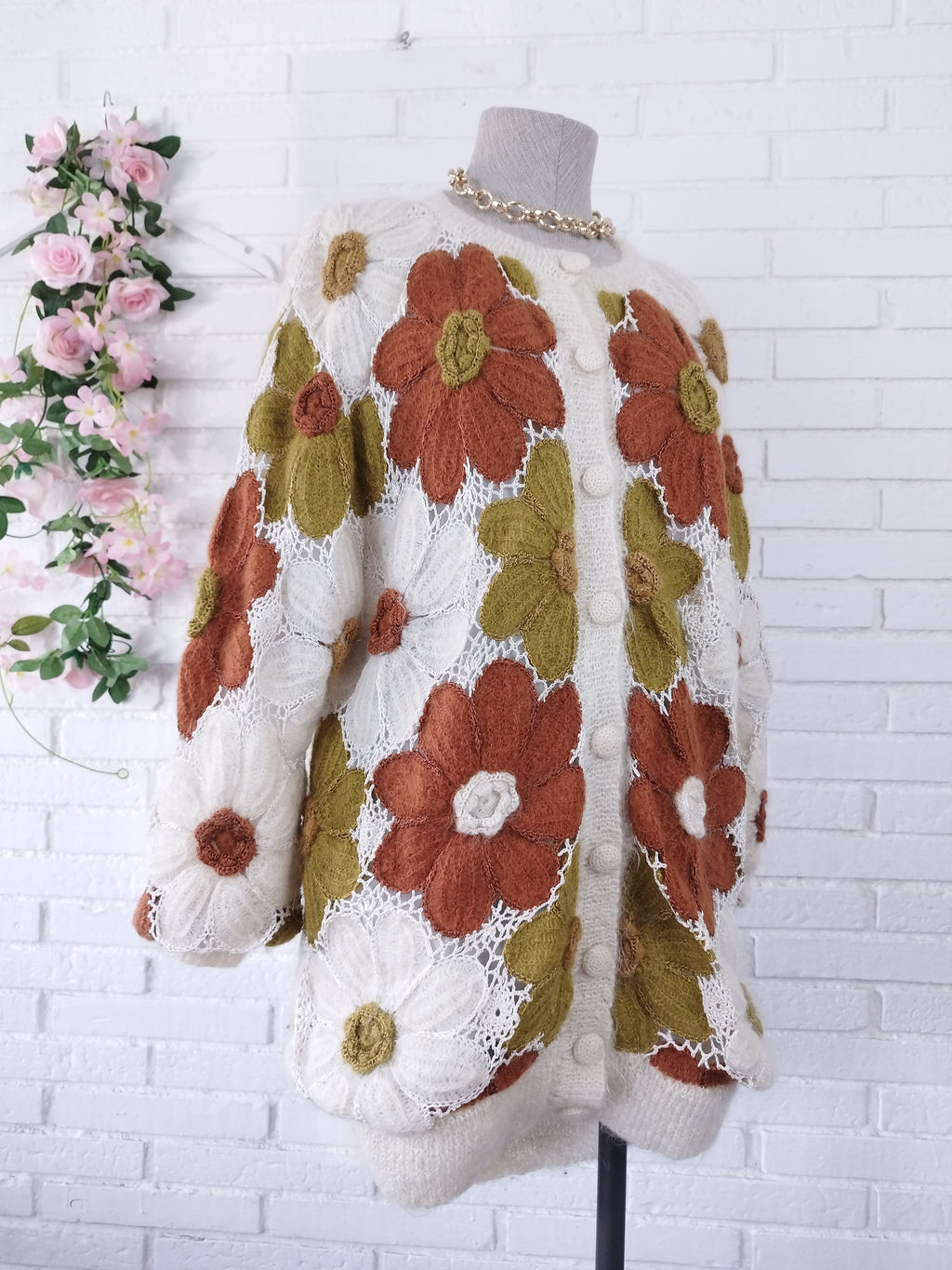 Vintage 90s Long Cardigan — Handmade Crochet & Knit, Floral Design & Wool