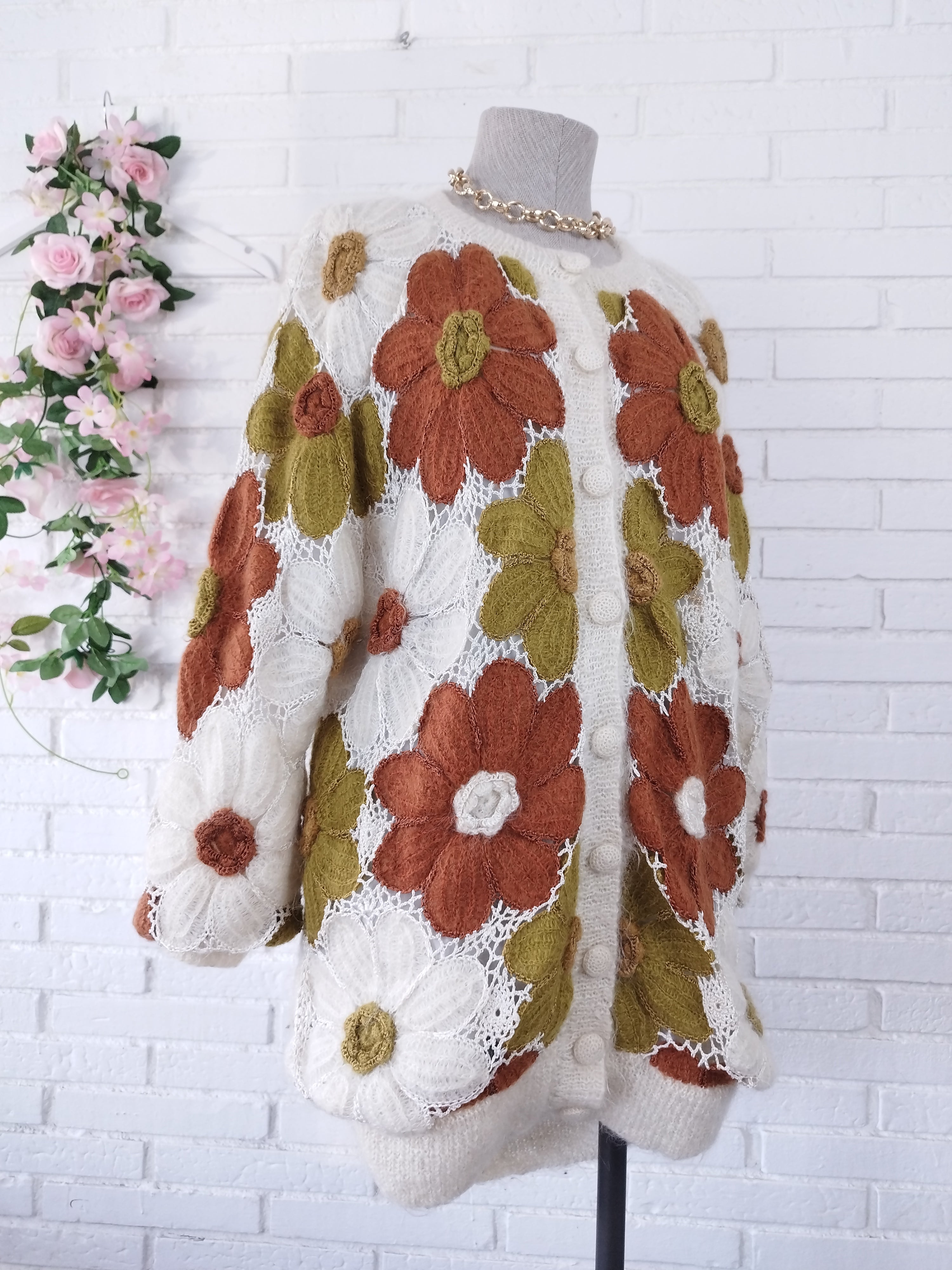 Vintage 90s Long Cardigan — Handmade Crochet & Knit, Floral Design & Wool