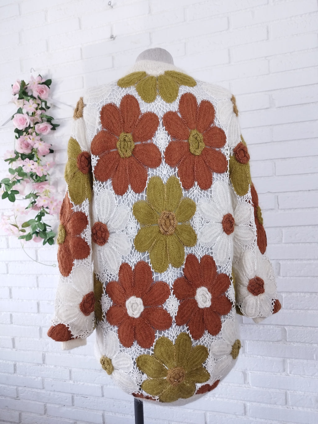 Vintage 90s Long Cardigan — Handmade Crochet & Knit, Floral Design & Wool
