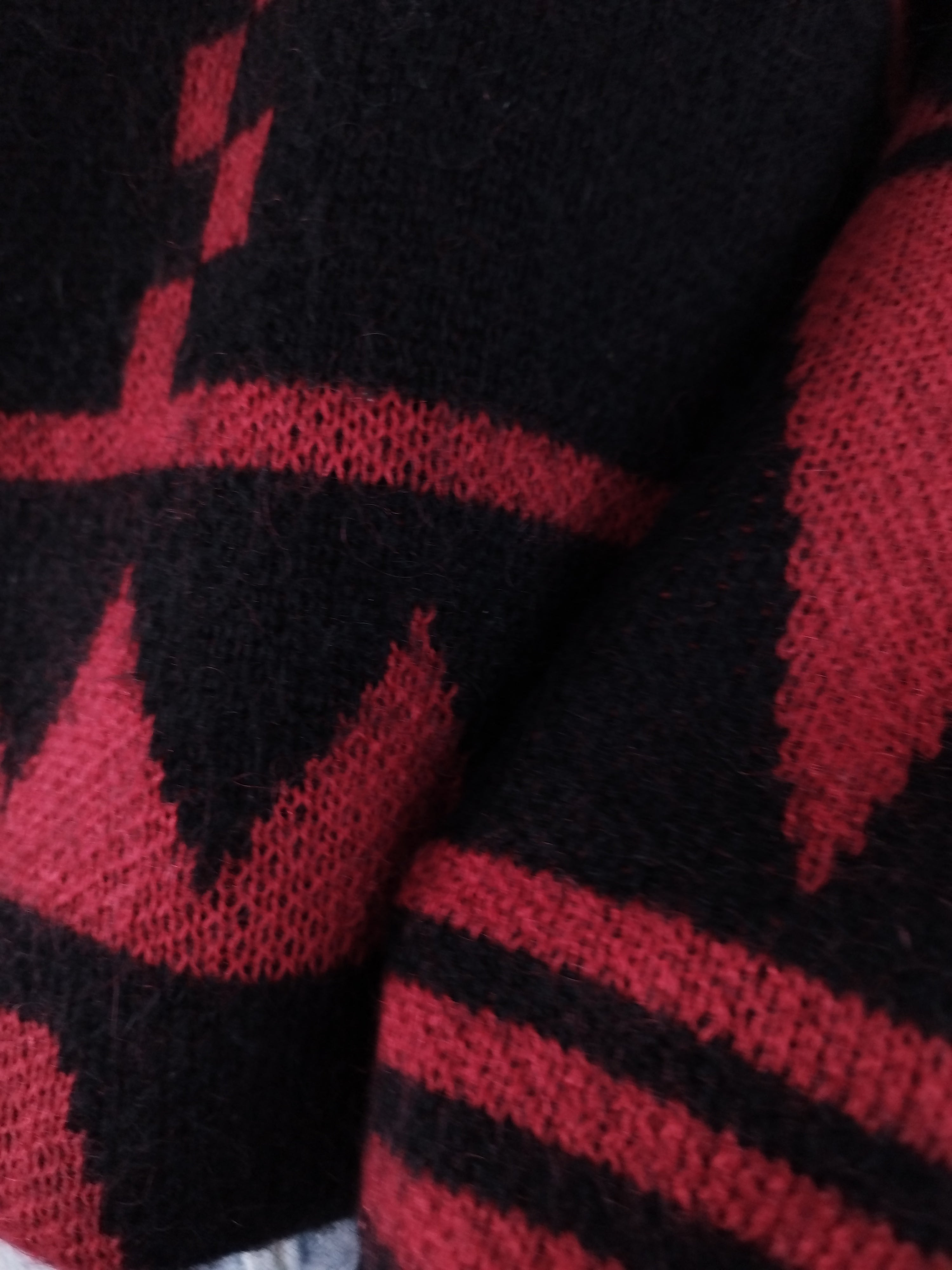 Vintage 90s Wool Knit Sweater — High Neck, Geometric Jacquard & Red-Black Palette
