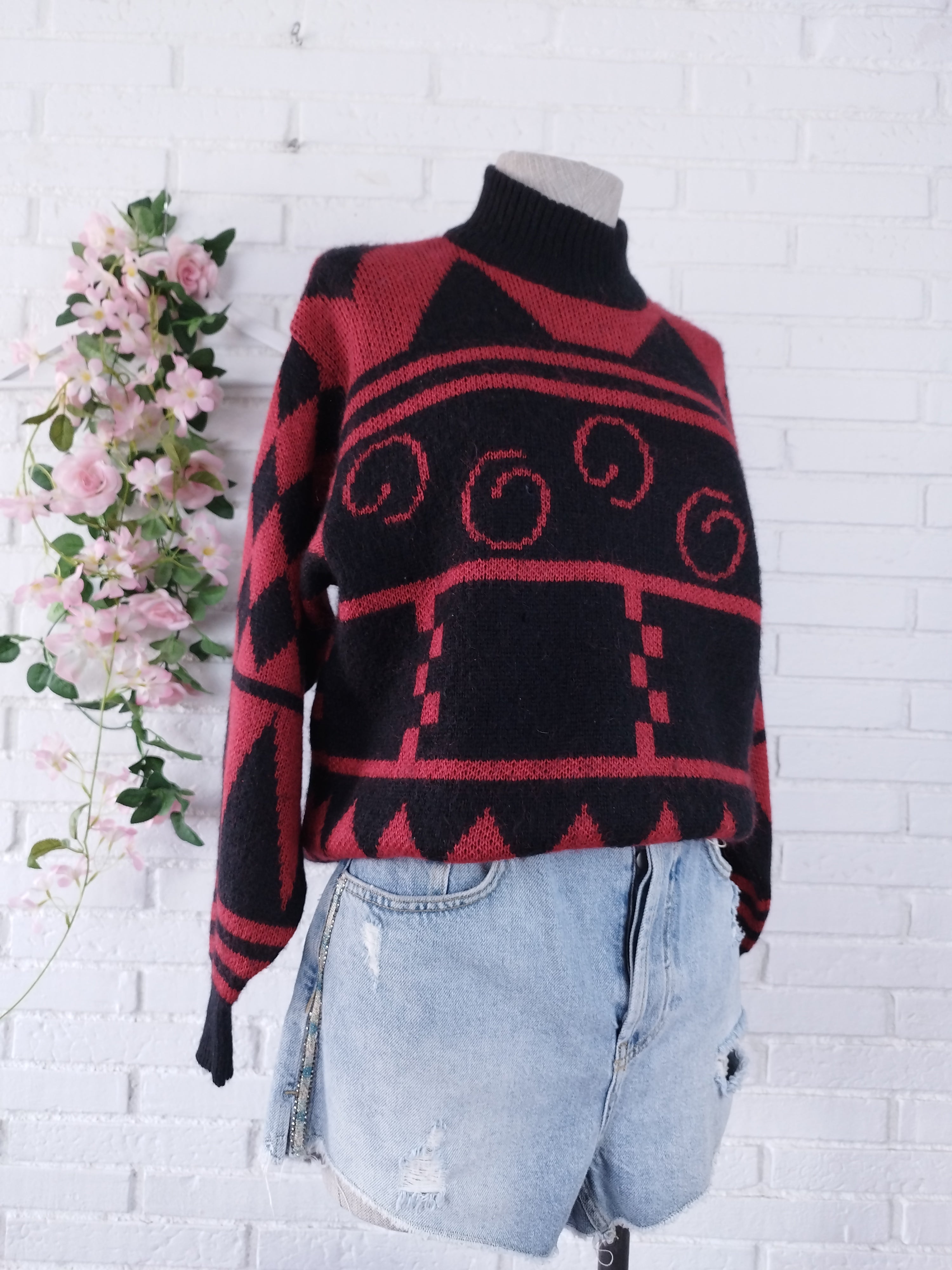 Vintage 90s Wool Knit Sweater — High Neck, Geometric Jacquard & Red-Black Palette