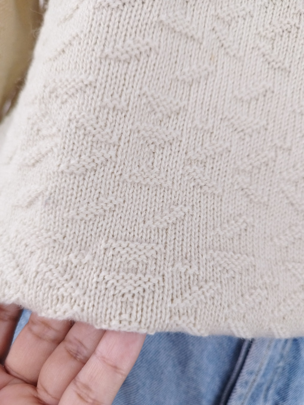 Vintage 90s Jacquard Knit Sweater — Polo Collar, Button Placket & Beige