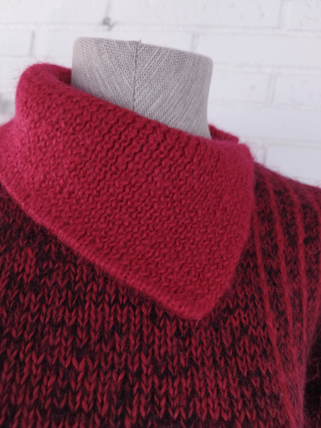 Vintage 90s Handmade Wool Sweater — Turtleneck, Asymmetric Neck &  Red-Bordeaux Mix
