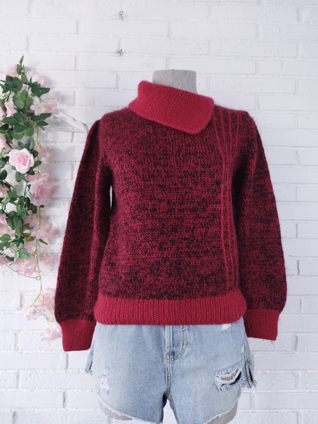 Vintage 90s Handmade Wool Sweater — Turtleneck, Asymmetric Neck &  Red-Bordeaux Mix