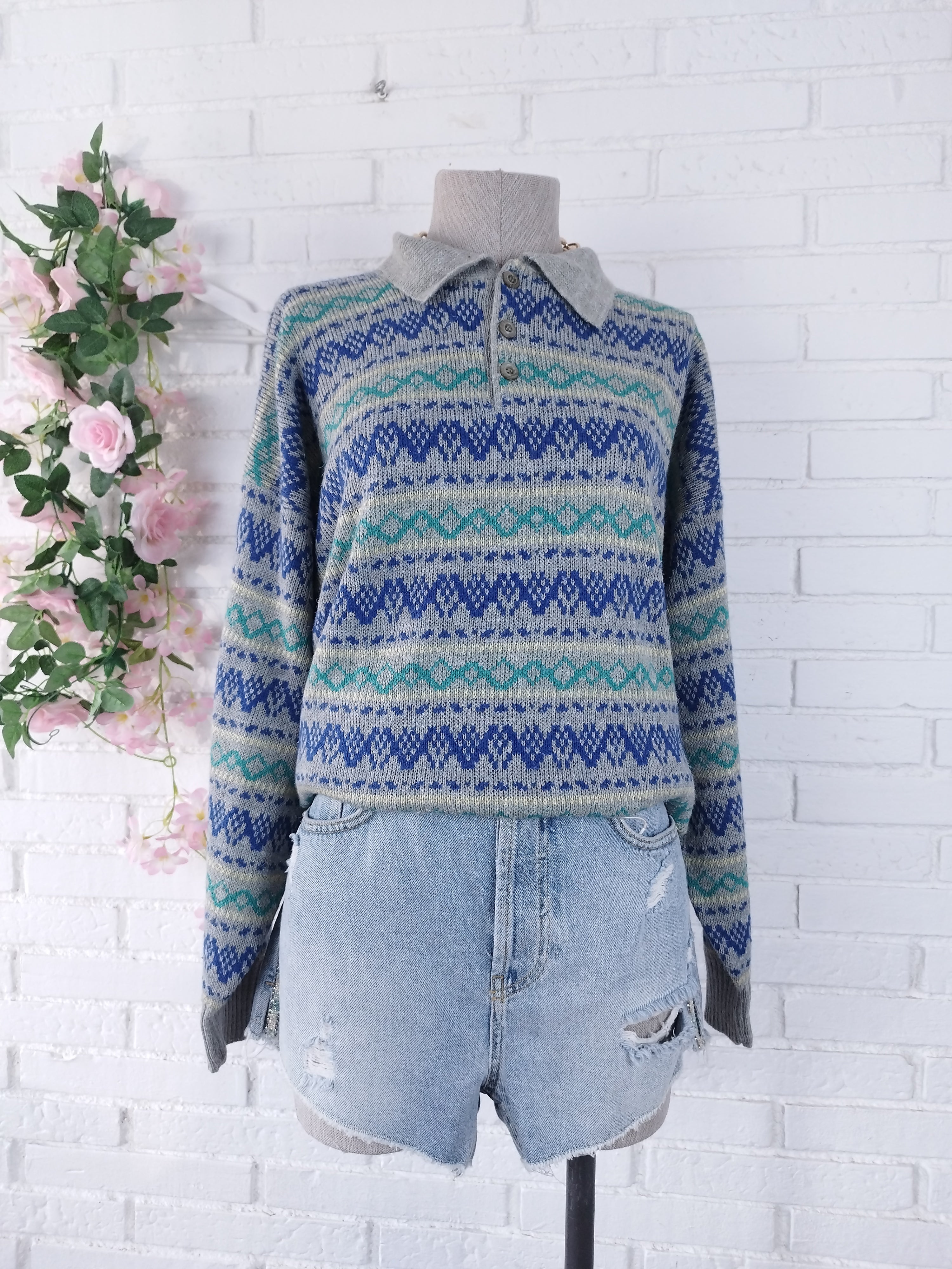 Vintage 90s Wool Knit Sweater — Made in Italy, Polo Collar & Nordic Jacquard