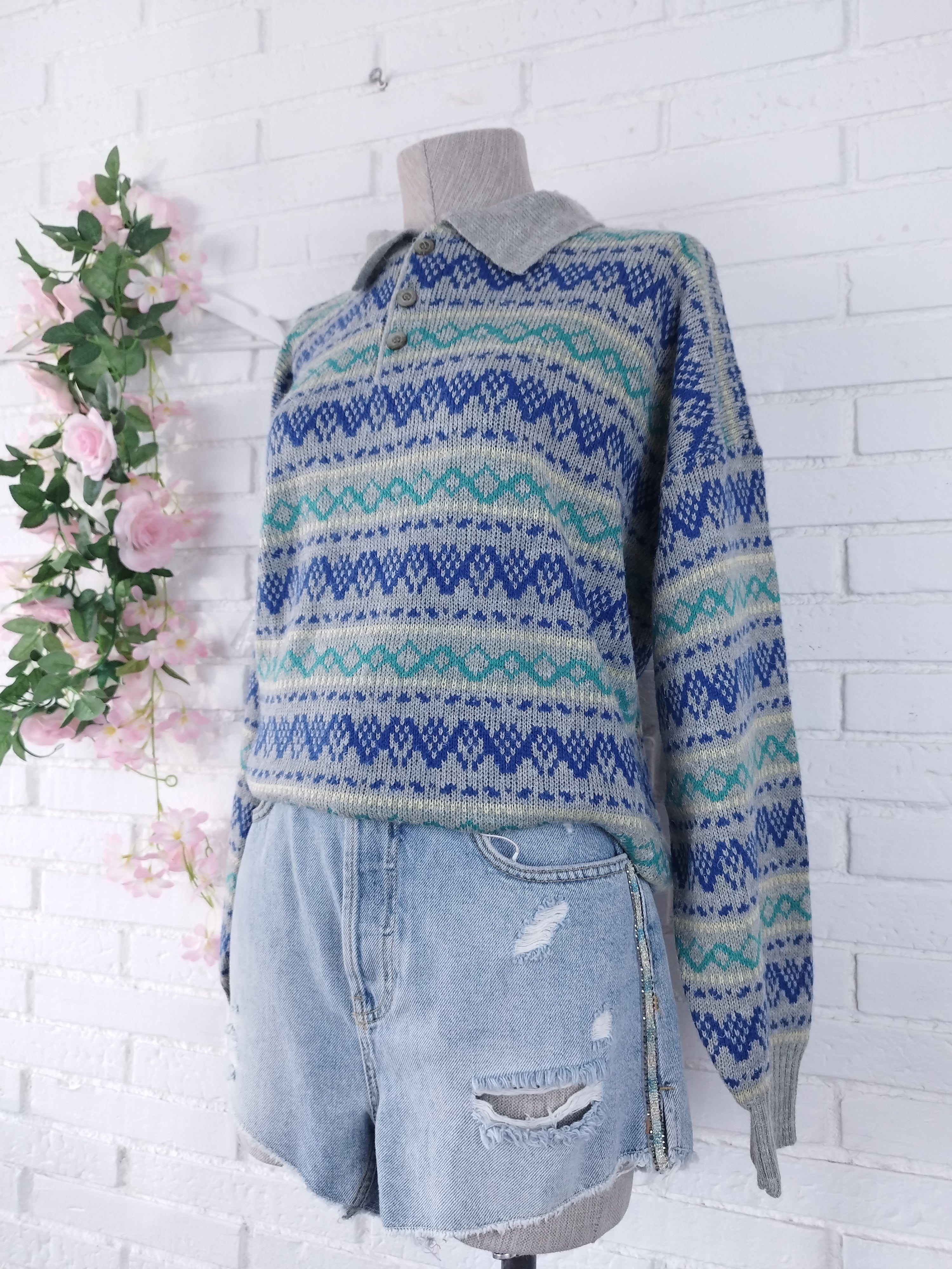 Vintage 90s Wool Knit Sweater — Made in Italy, Polo Collar & Nordic Jacquard